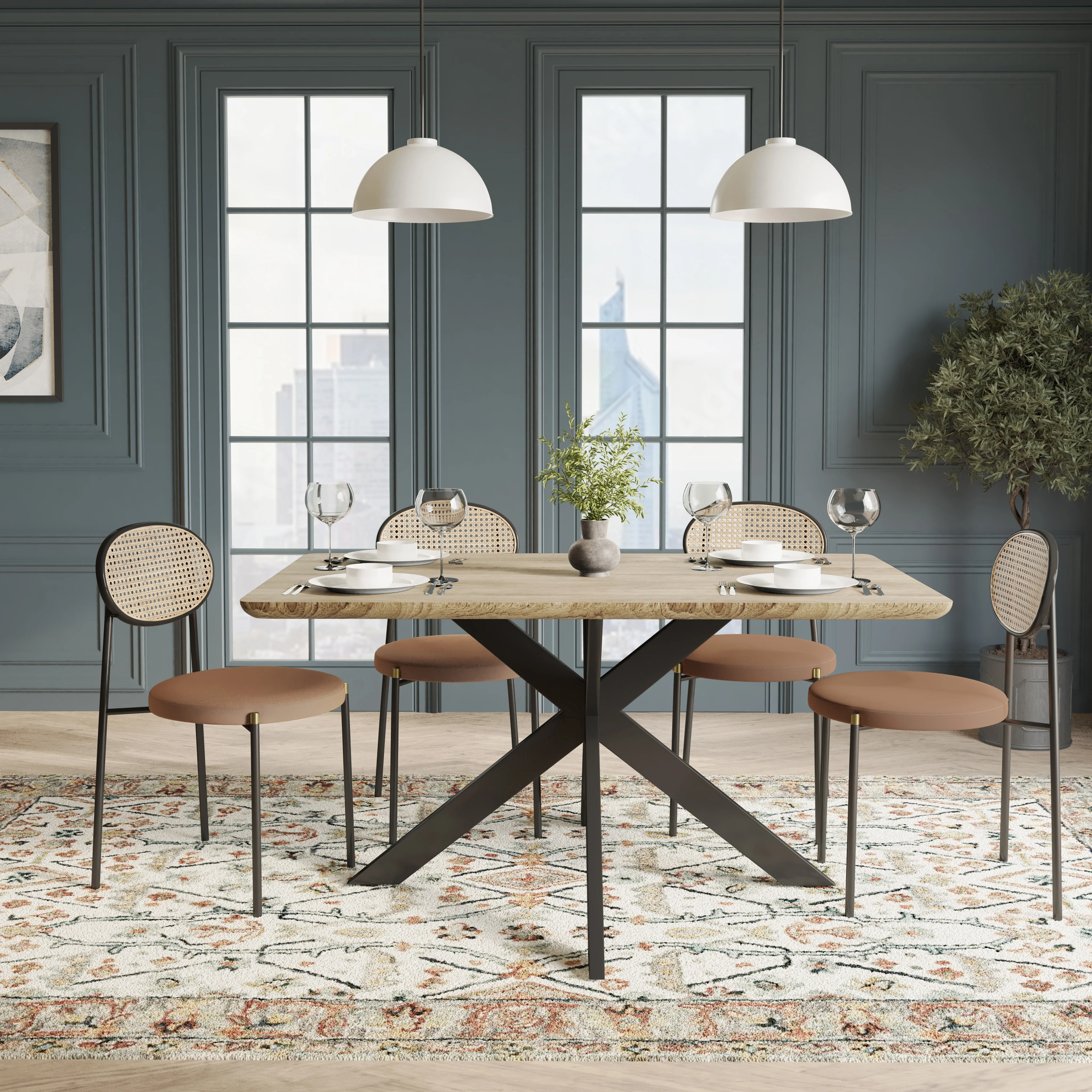 5-Piece Dining Set with 63" Rectangular Dining Table in Maple with 4 Velvet Dining Chairs in Black Steel Legs in Brown