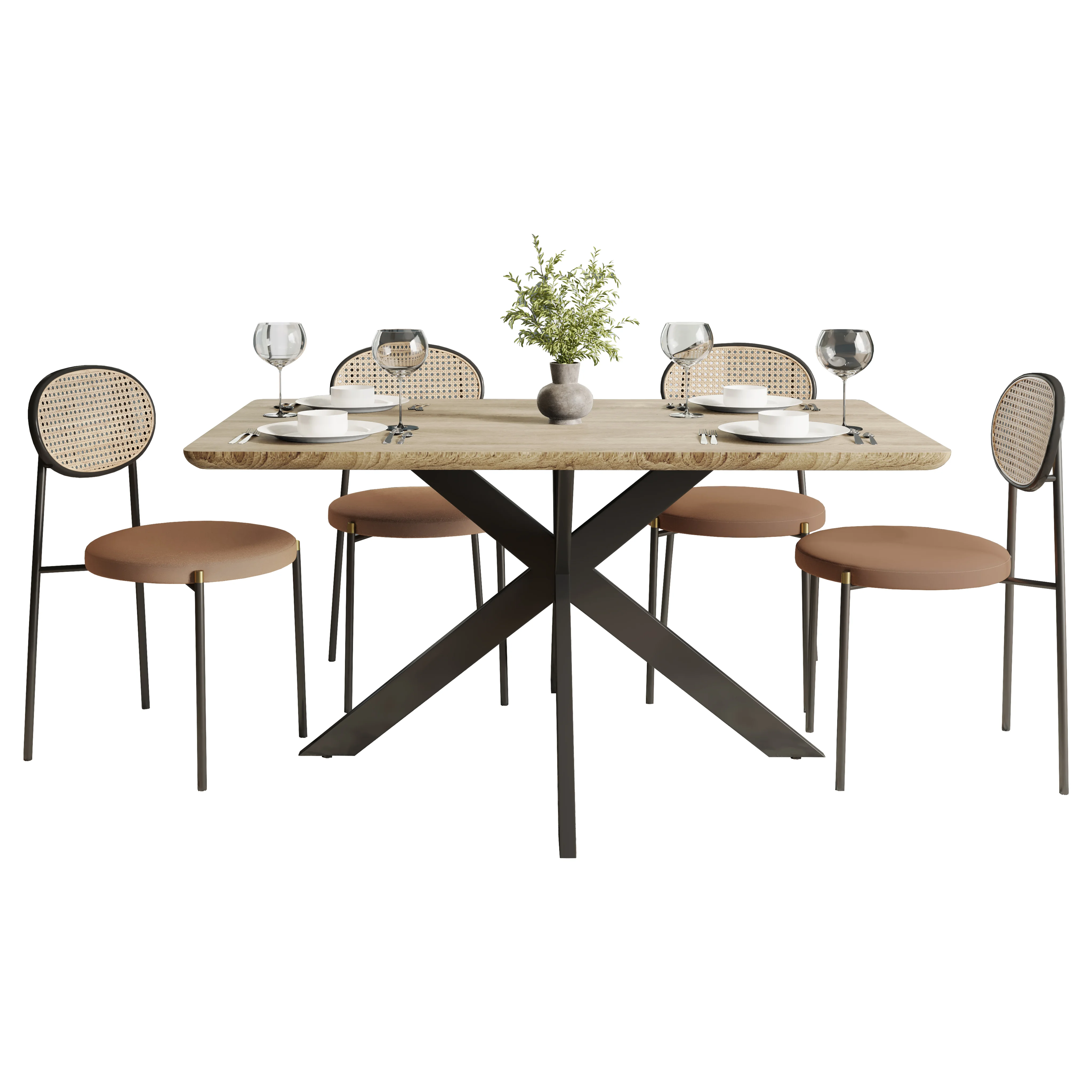 5-Piece Dining Set with 63" Rectangular Dining Table in Maple with 4 Velvet Dining Chairs in Black Steel Legs in Brown