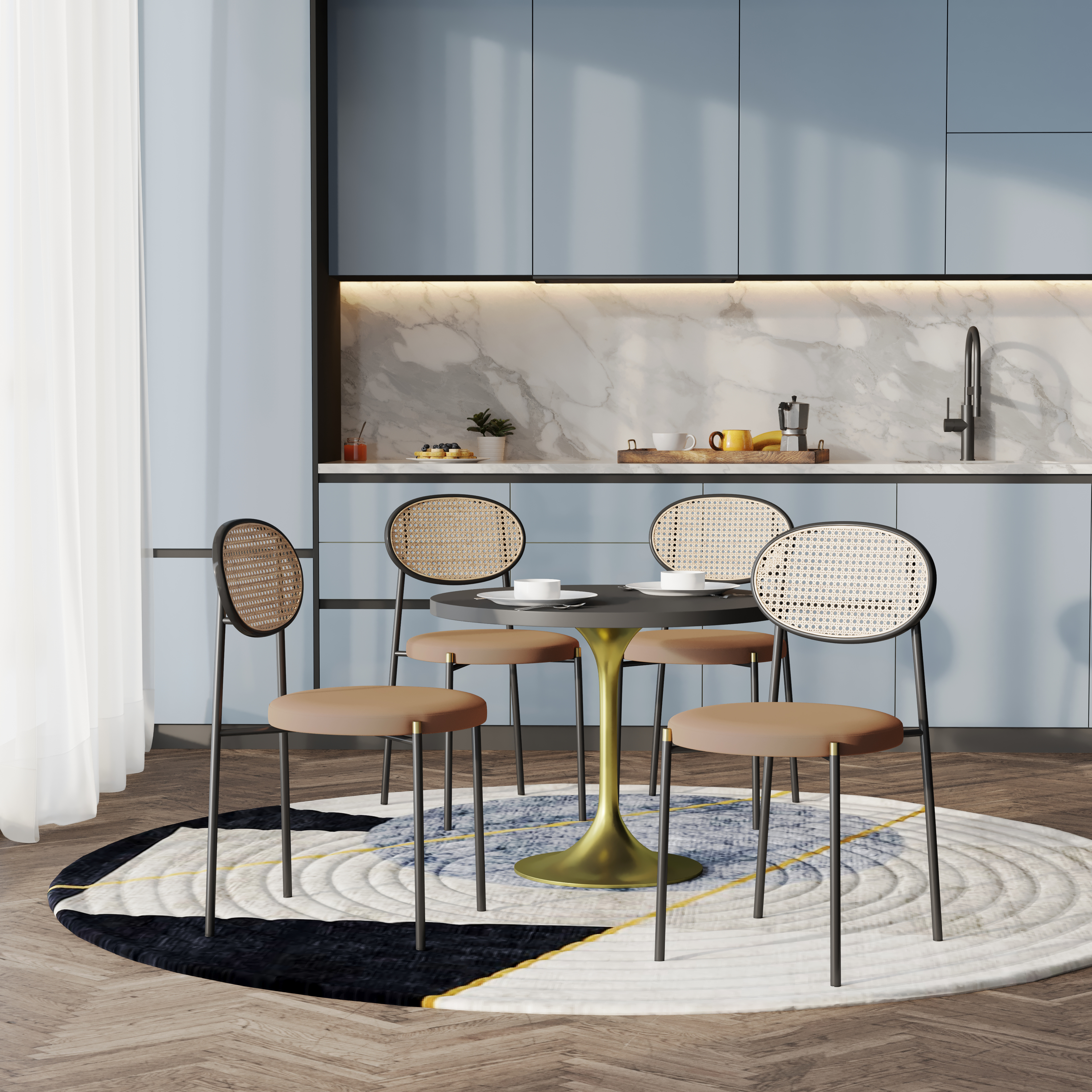 5-Piece Dining Set with 36" Round Dining Table Black MDF Top and Gold Base with 4 Velvet Dining Chairs in Black Steel Legs in Brown