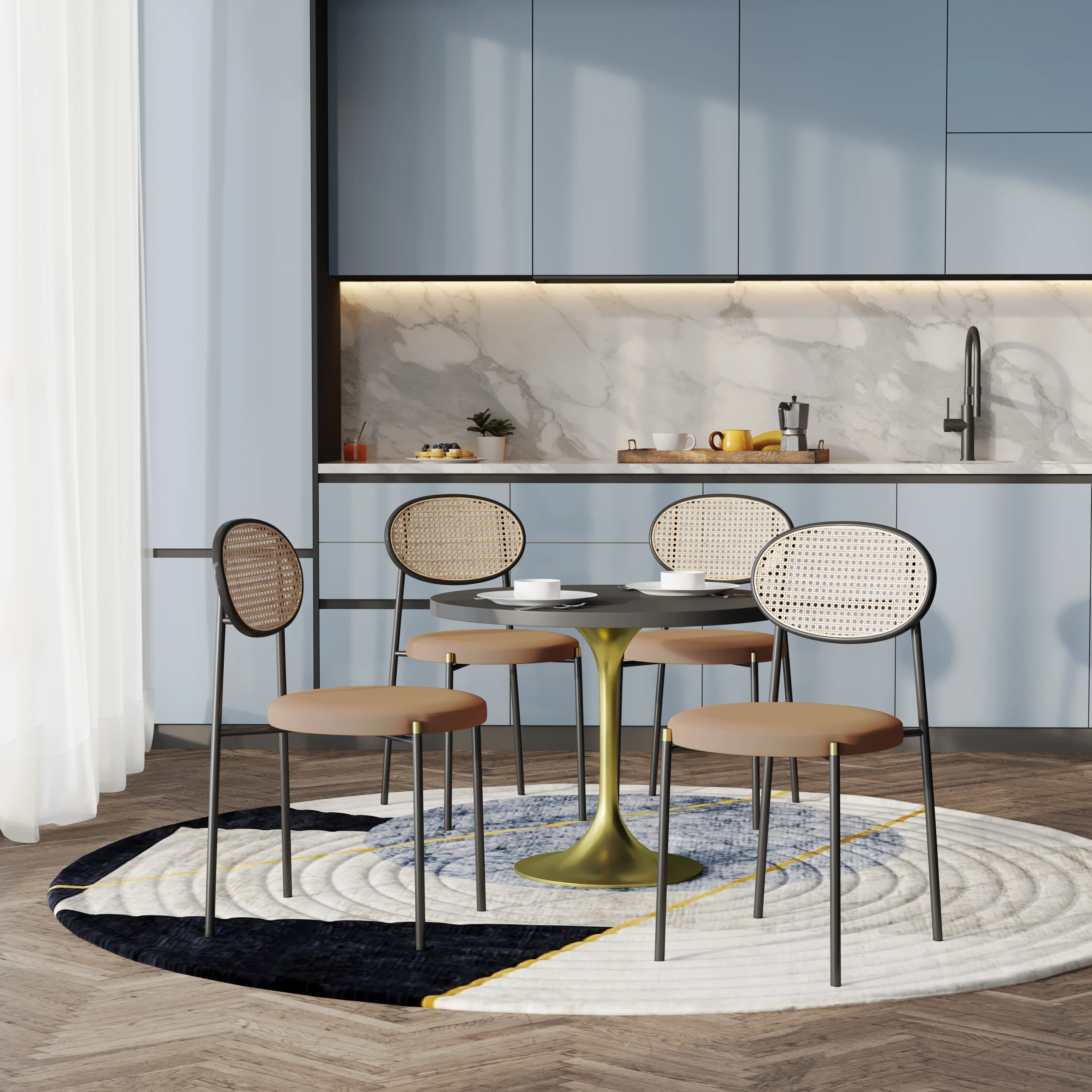 5-Piece Dining Set with 36" Round Dining Table Black MDF Top and Gold Base with 4 Velvet Dining Chairs in Black Steel Legs in Brown