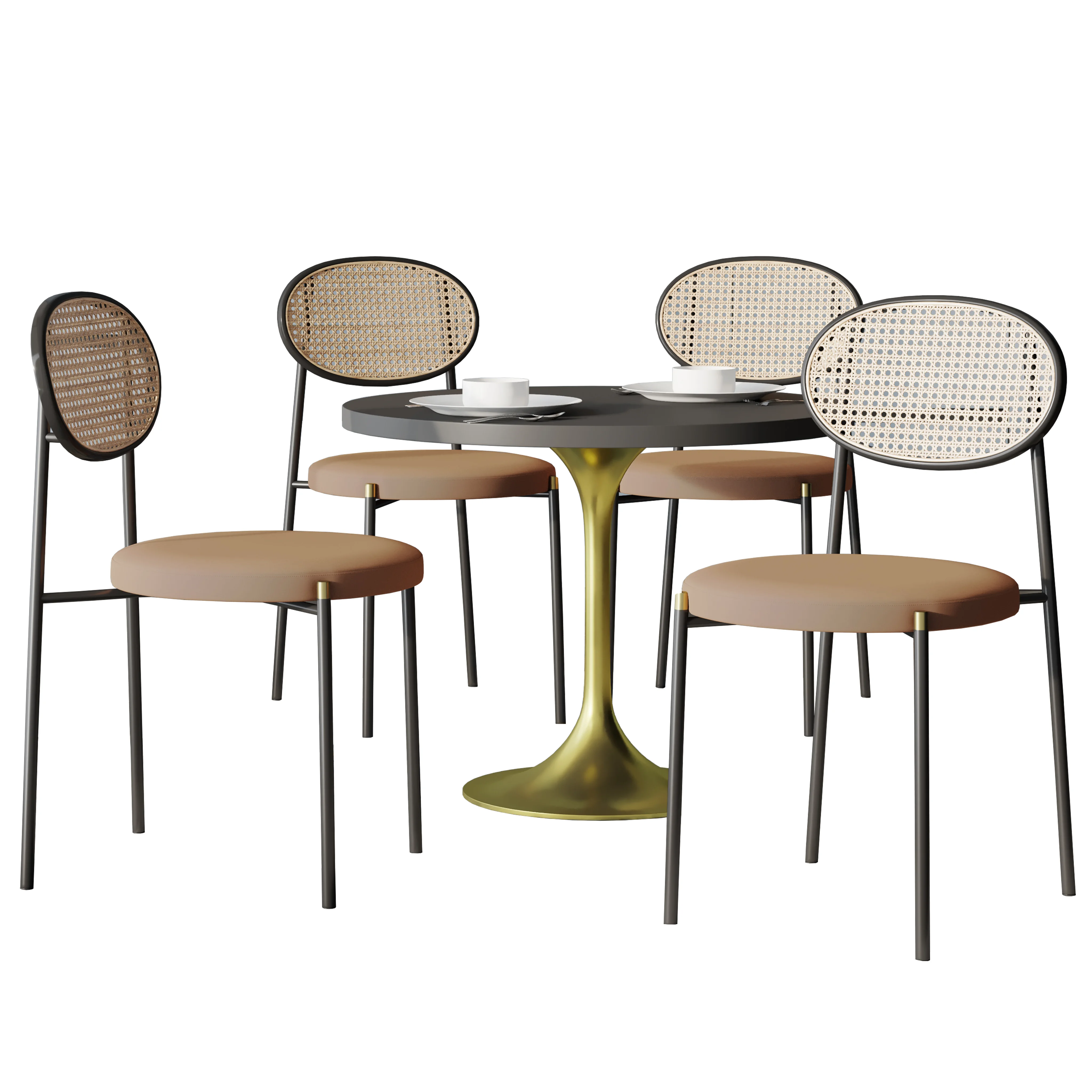 5-Piece Dining Set with 36" Round Dining Table Black MDF Top and Gold Base with 4 Velvet Dining Chairs in Black Steel Legs in Brown