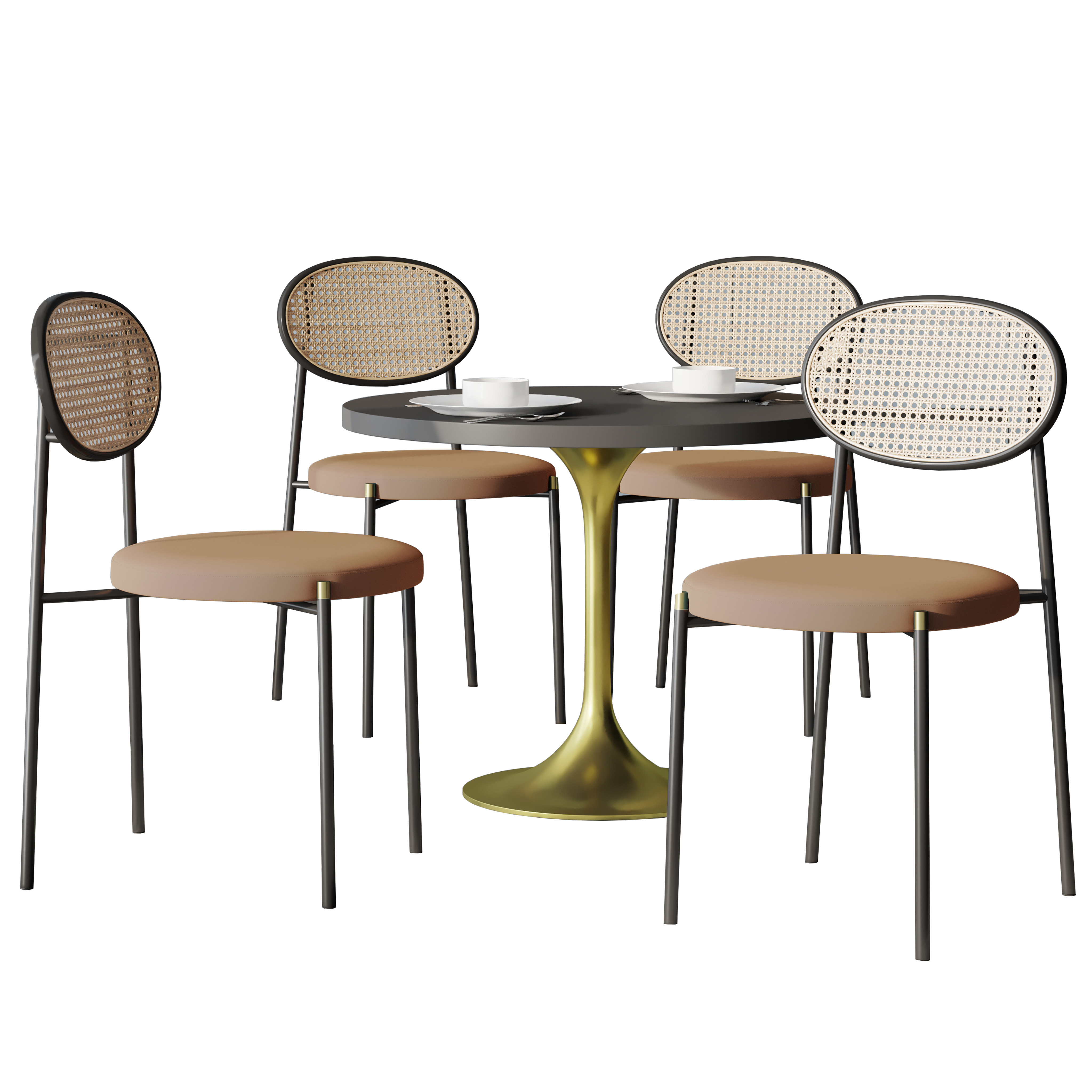 5-Piece Dining Set with 36" Round Dining Table Black MDF Top and Gold Base with 4 Velvet Dining Chairs in Black Steel Legs in Brown