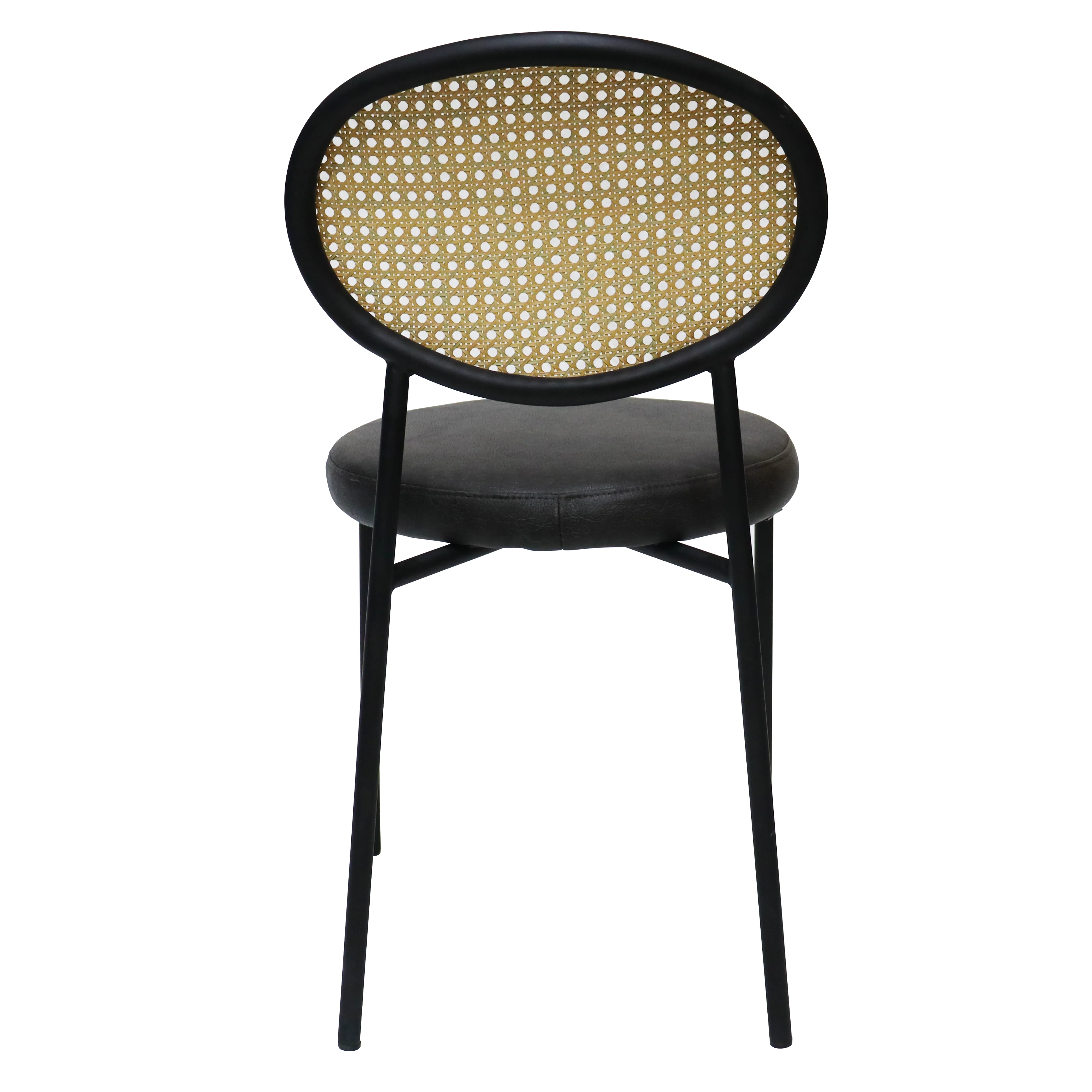 Euston Modern Wicker Dining Chair with Black Frame and Leather Seat in Charcoal