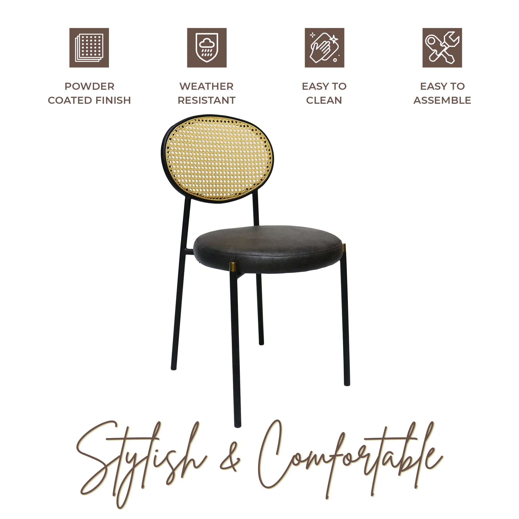 Euston Modern Wicker Dining Chair with Black Frame and Leather Seat in Charcoal