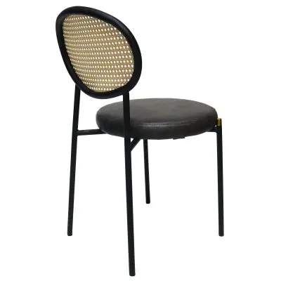 Euston Modern Wicker Dining Chair with Black Frame and Leather Seat in Charcoal