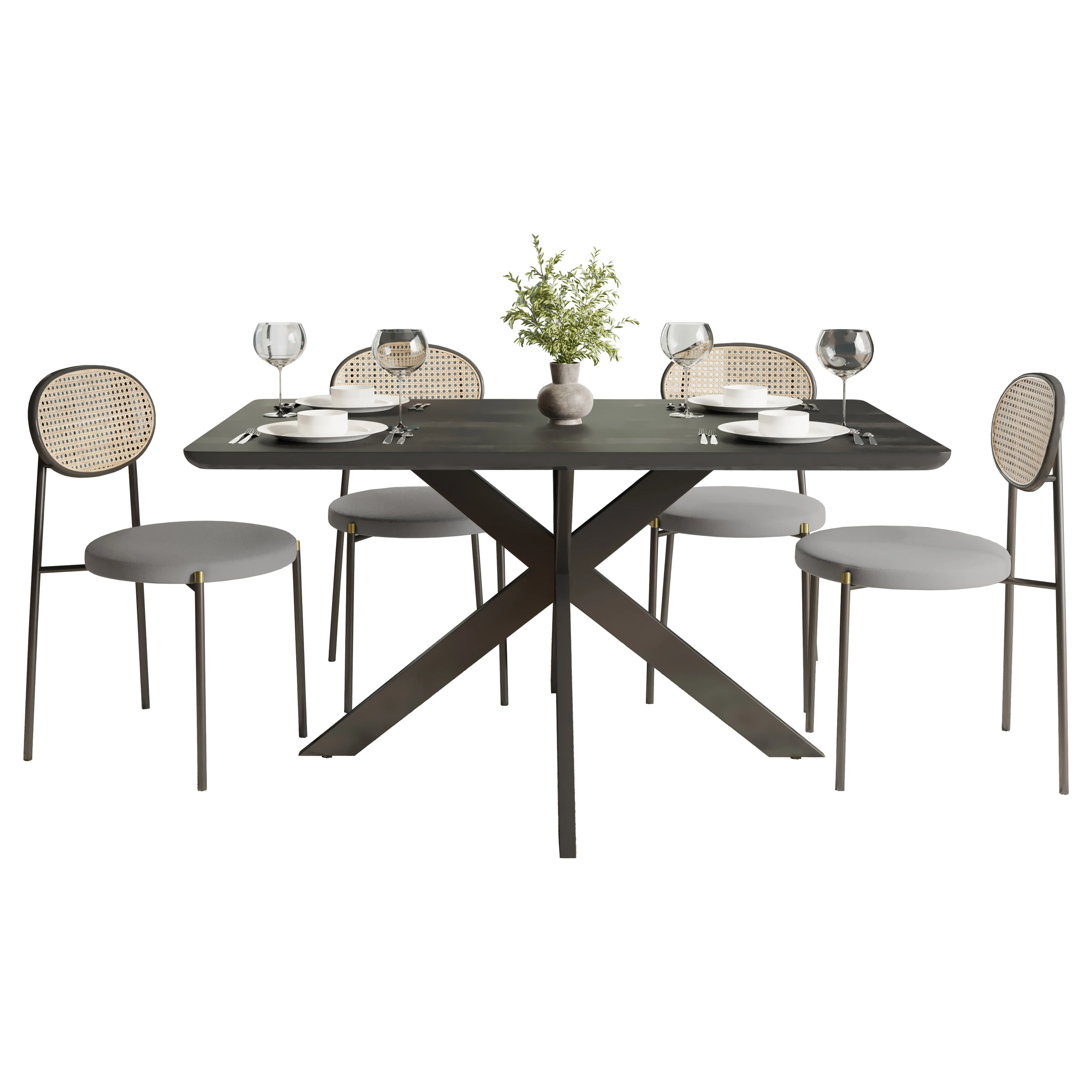 5-Piece Dining Set with 63" Rectangular Dining Table in Ebony with 4 Velvet Dining Chairs in Black Steel Legs in Grey