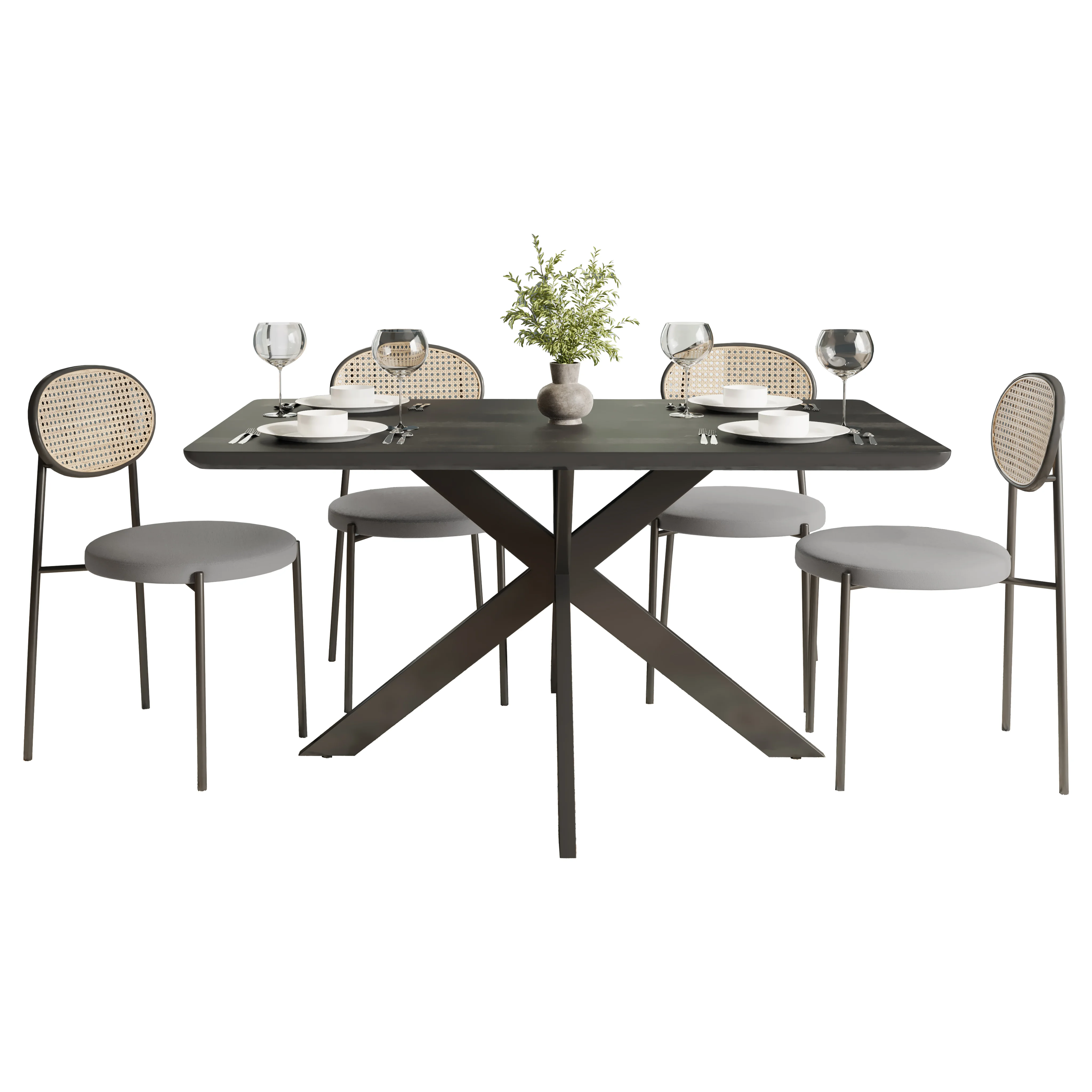 5-Piece Dining Set with 63" Rectangular Dining Table in Ebony with 4 Velvet Dining Chairs in Black Steel Legs in Grey