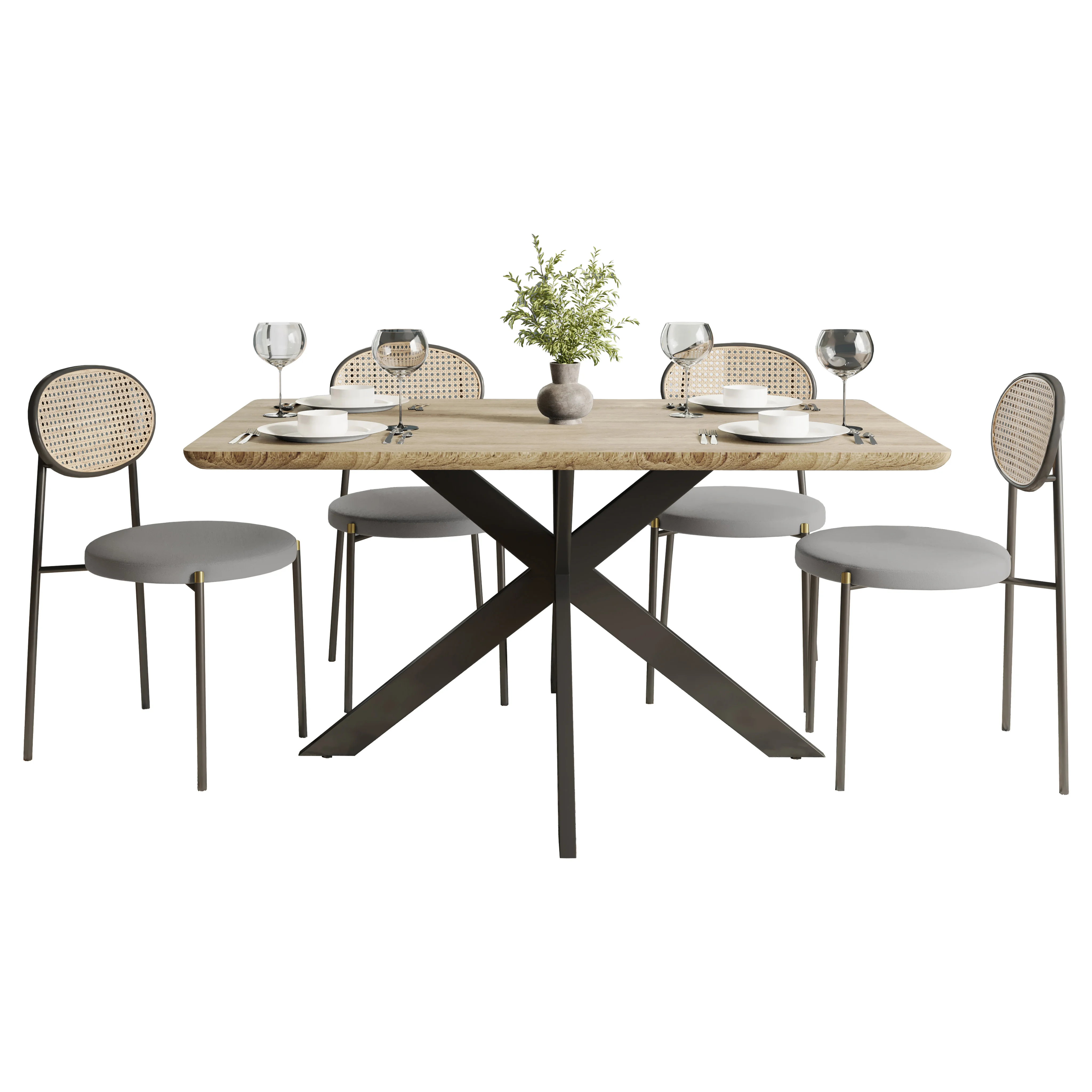 5-Piece Dining Set with 63" Rectangular Dining Table in Maple with 4 Velvet Dining Chairs in Black Steel Legs in Grey