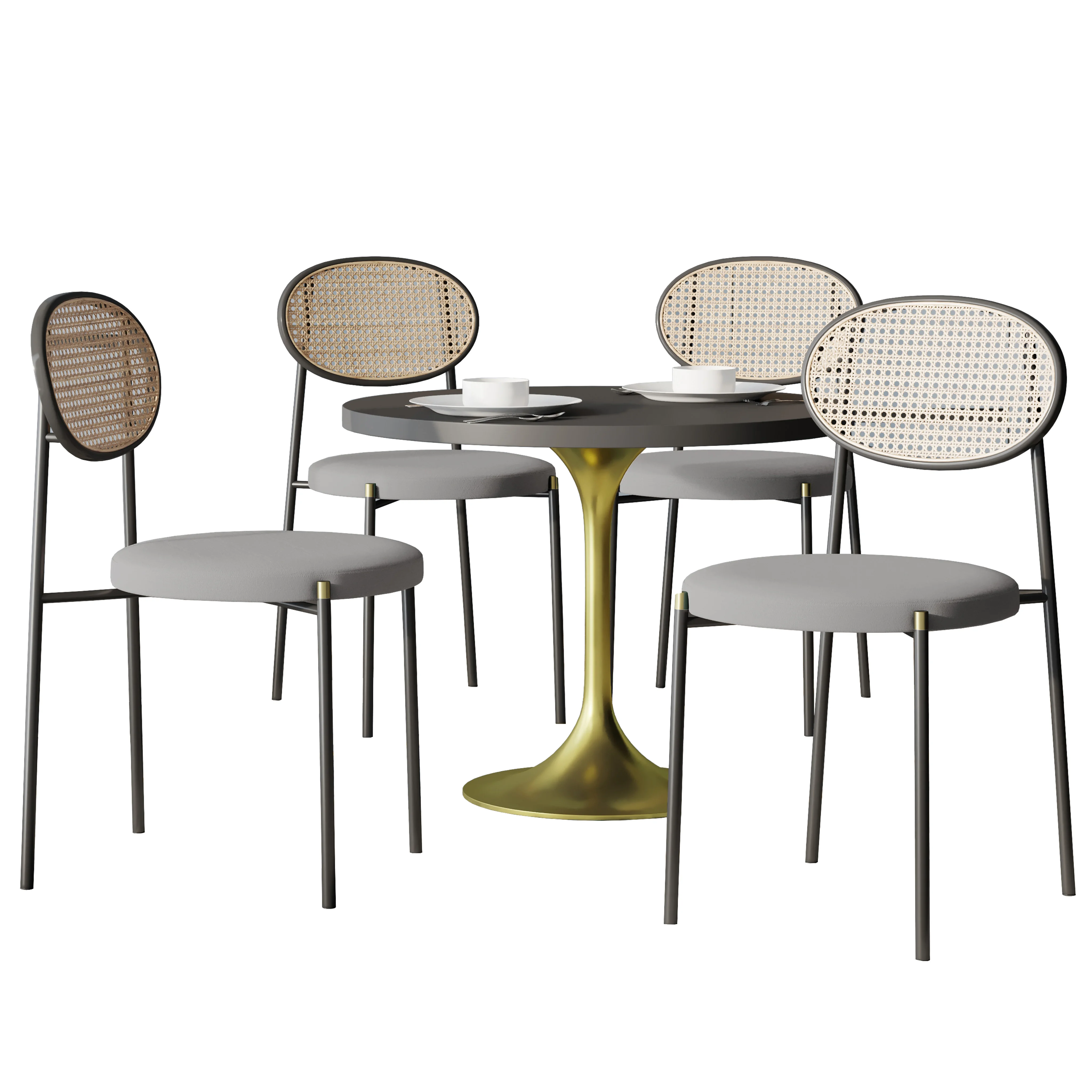 5-Piece Dining Set with 36" Round Dining Table Black MDF Top and Gold Base with 4 Velvet Dining Chairs in Black Steel Legs in Grey