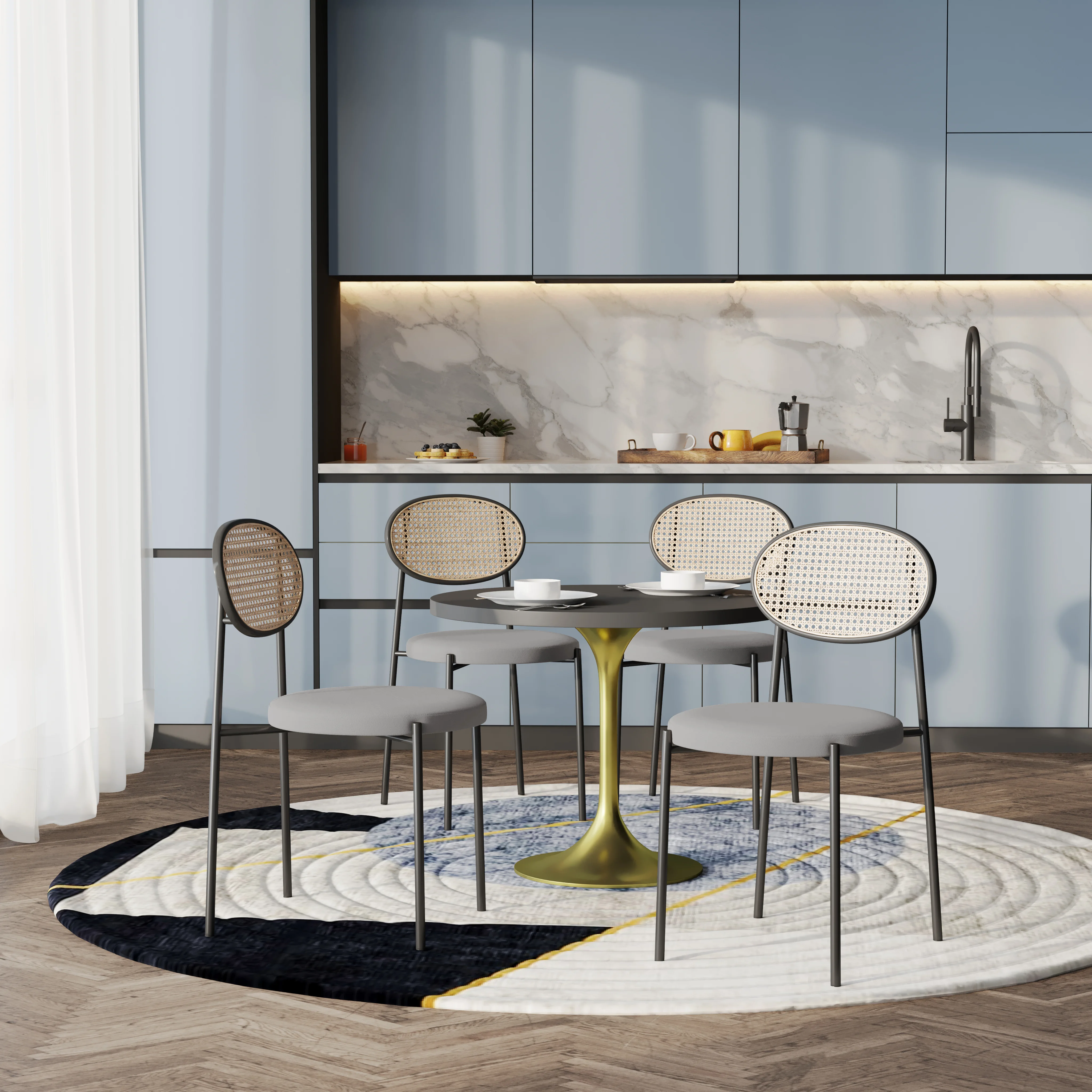 5-Piece Dining Set with 36" Round Dining Table Black MDF Top and Gold Base with 4 Velvet Dining Chairs in Black Steel Legs in Grey