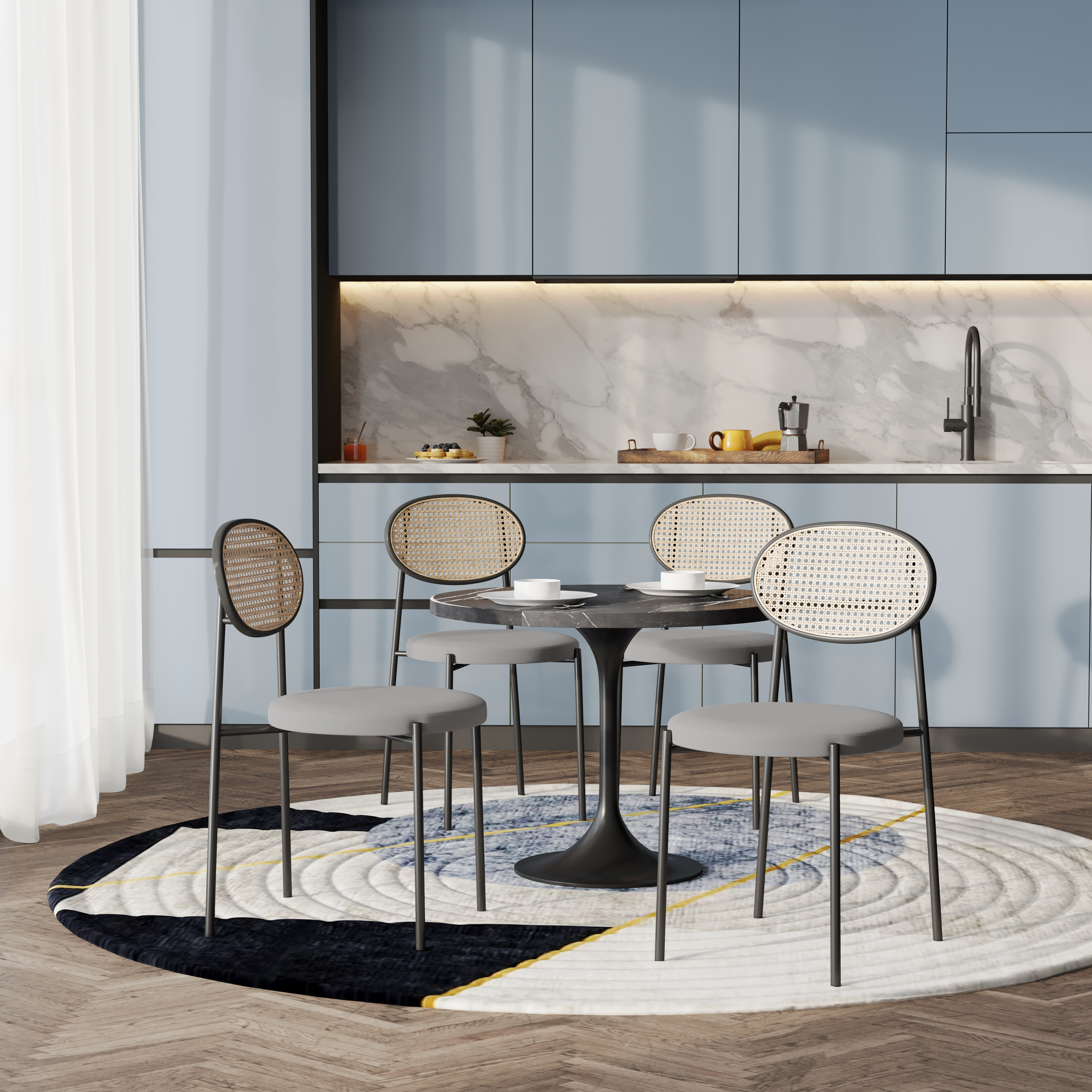 5-Piece Dining Set with 36" Round Dining Table Black Sintered Stone Top and Black Pedestal with 4 Velvet Dining Chairs in Black Steel Legs in Grey