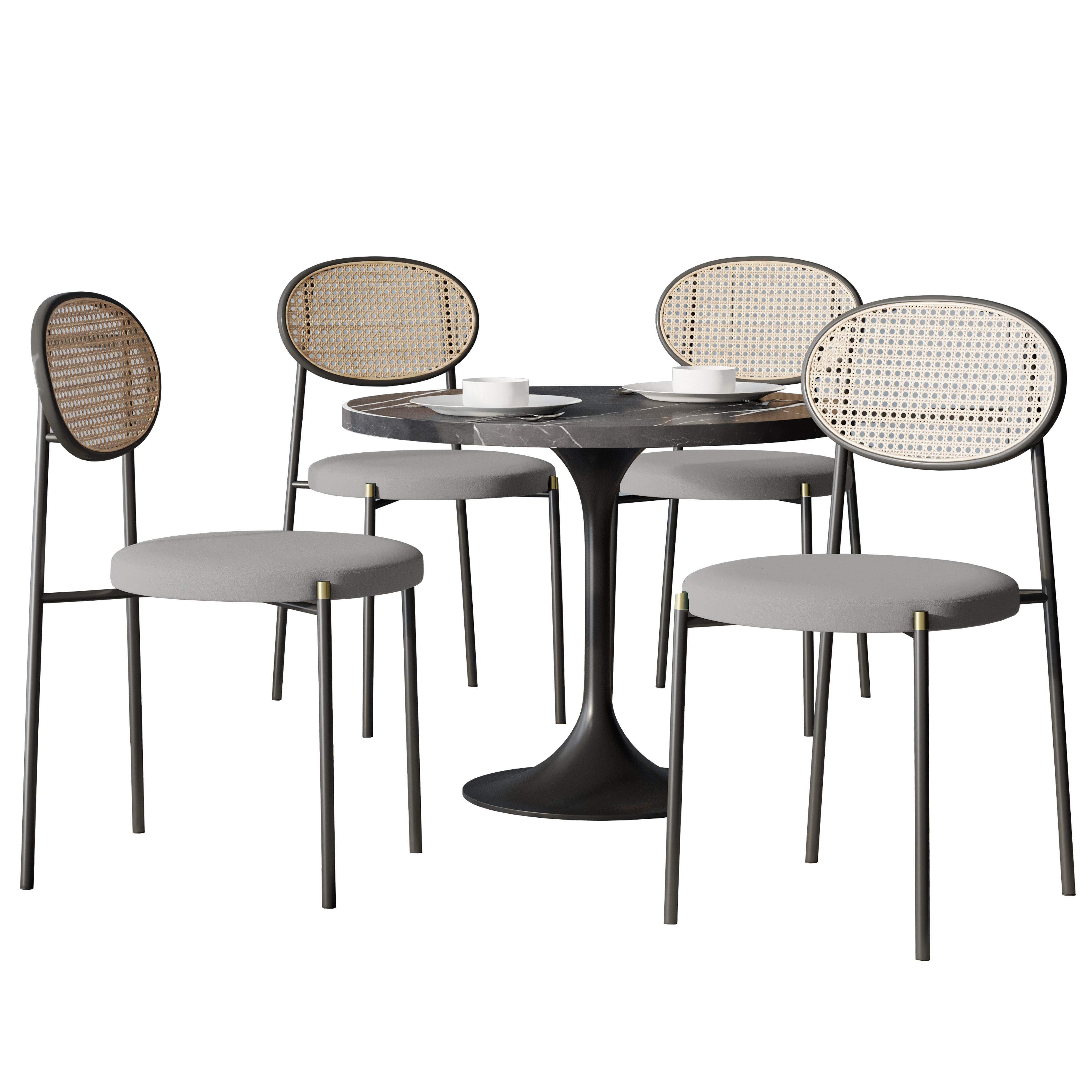 5-Piece Dining Set with 36" Round Dining Table Black Sintered Stone Top and Black Pedestal with 4 Velvet Dining Chairs in Black Steel Legs in Grey