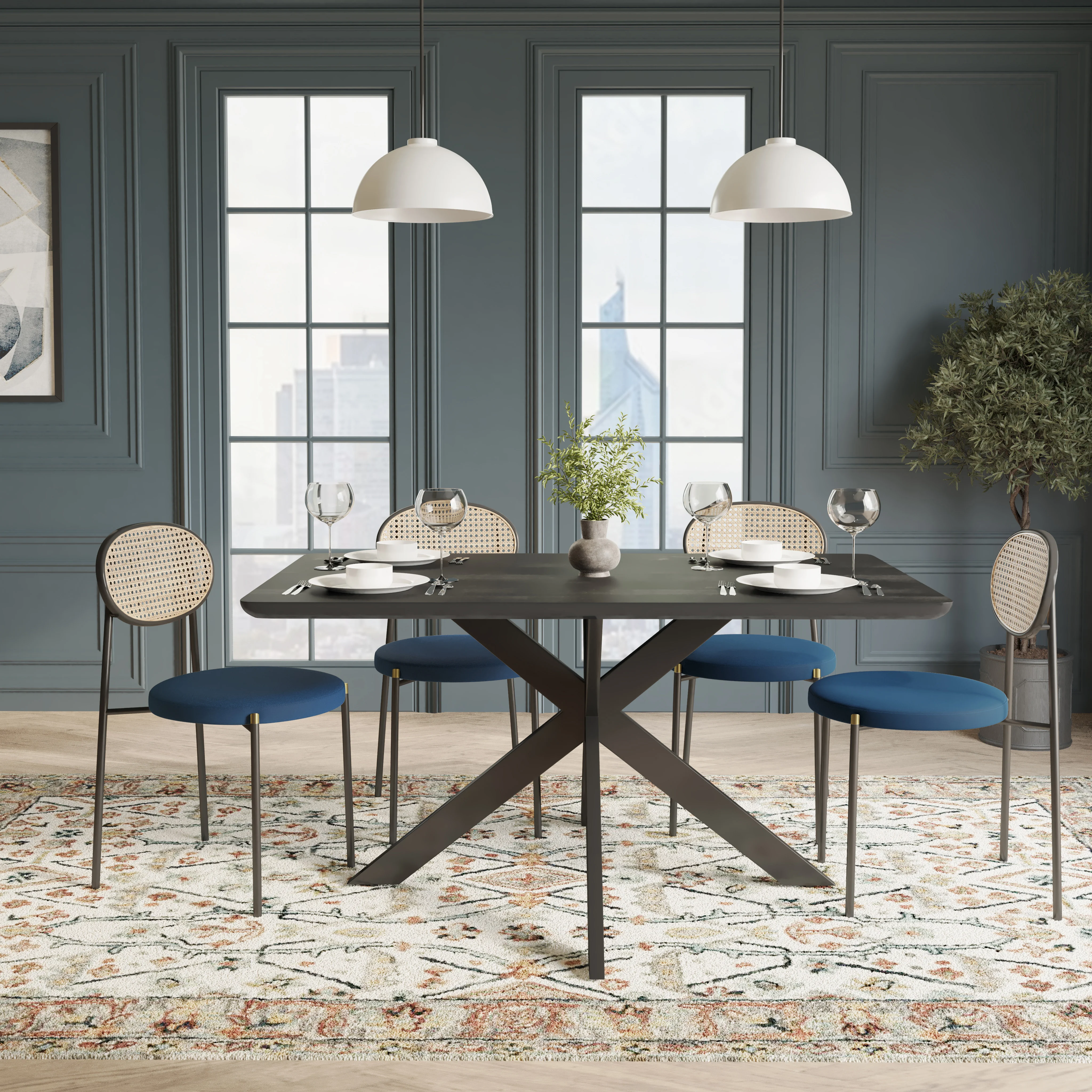 5-Piece Dining Set with 63" Rectangular Dining Table in Ebony with 4 Velvet Dining Chairs in Black Steel Legs in Navy Blue
