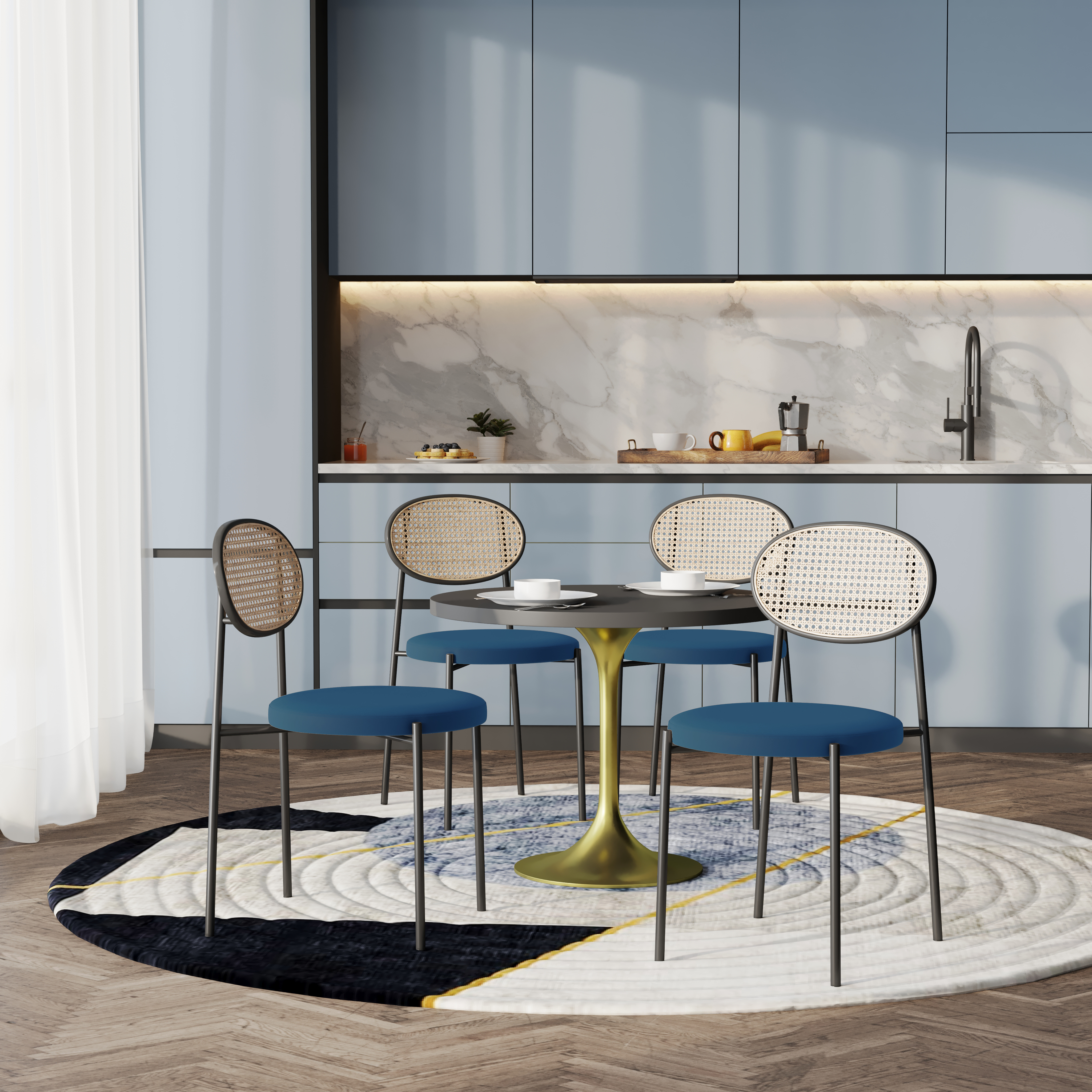 5-Piece Dining Set with 36" Round Dining Table Black MDF Top and Gold Base with 4 Velvet Dining Chairs in Black Steel Legs in Navy Blue