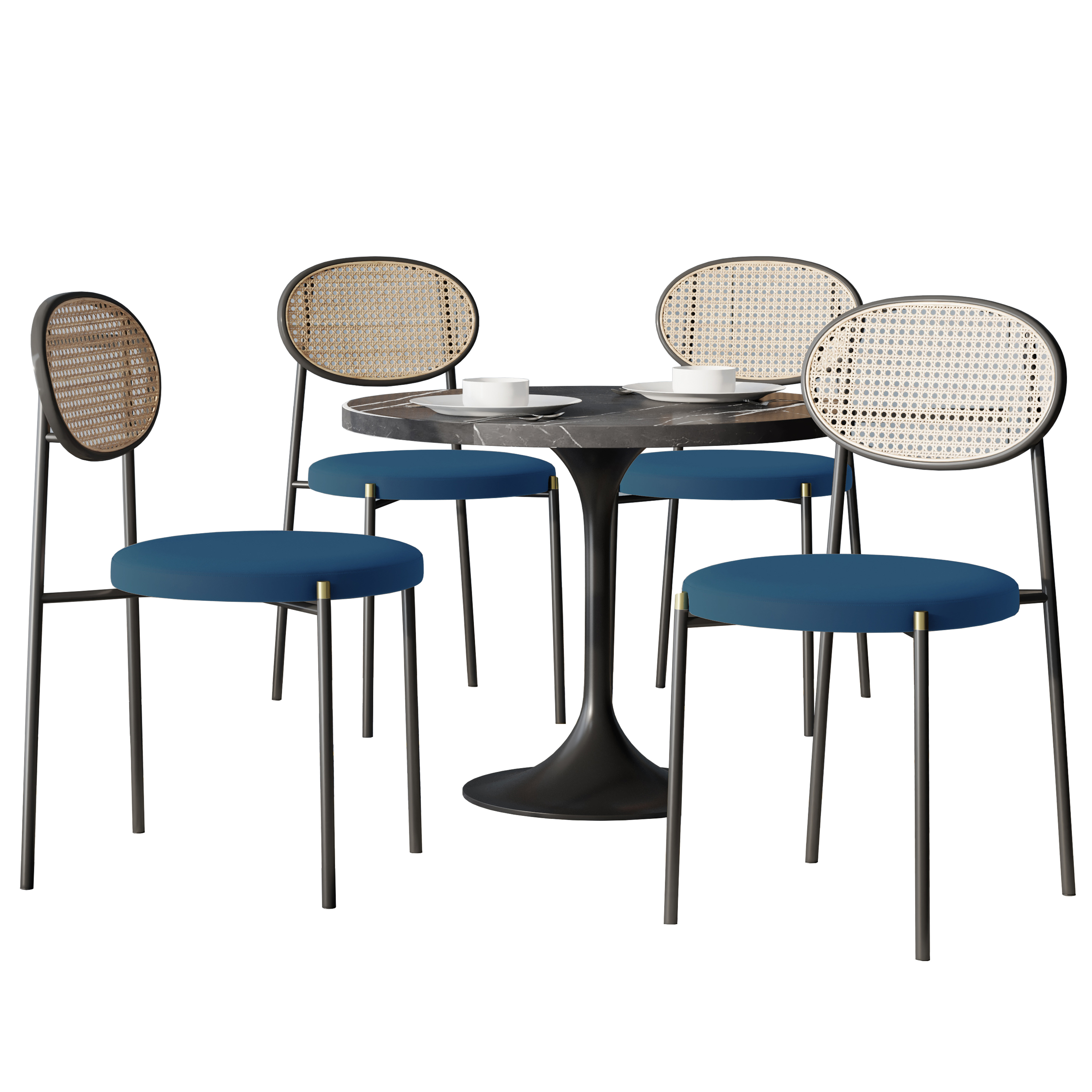 5-Piece Dining Set with 36" Round Dining Table Black Sintered Stone Top and Black Pedestal with 4 Velvet Dining Chairs in Black Steel Legs in Navy Blue