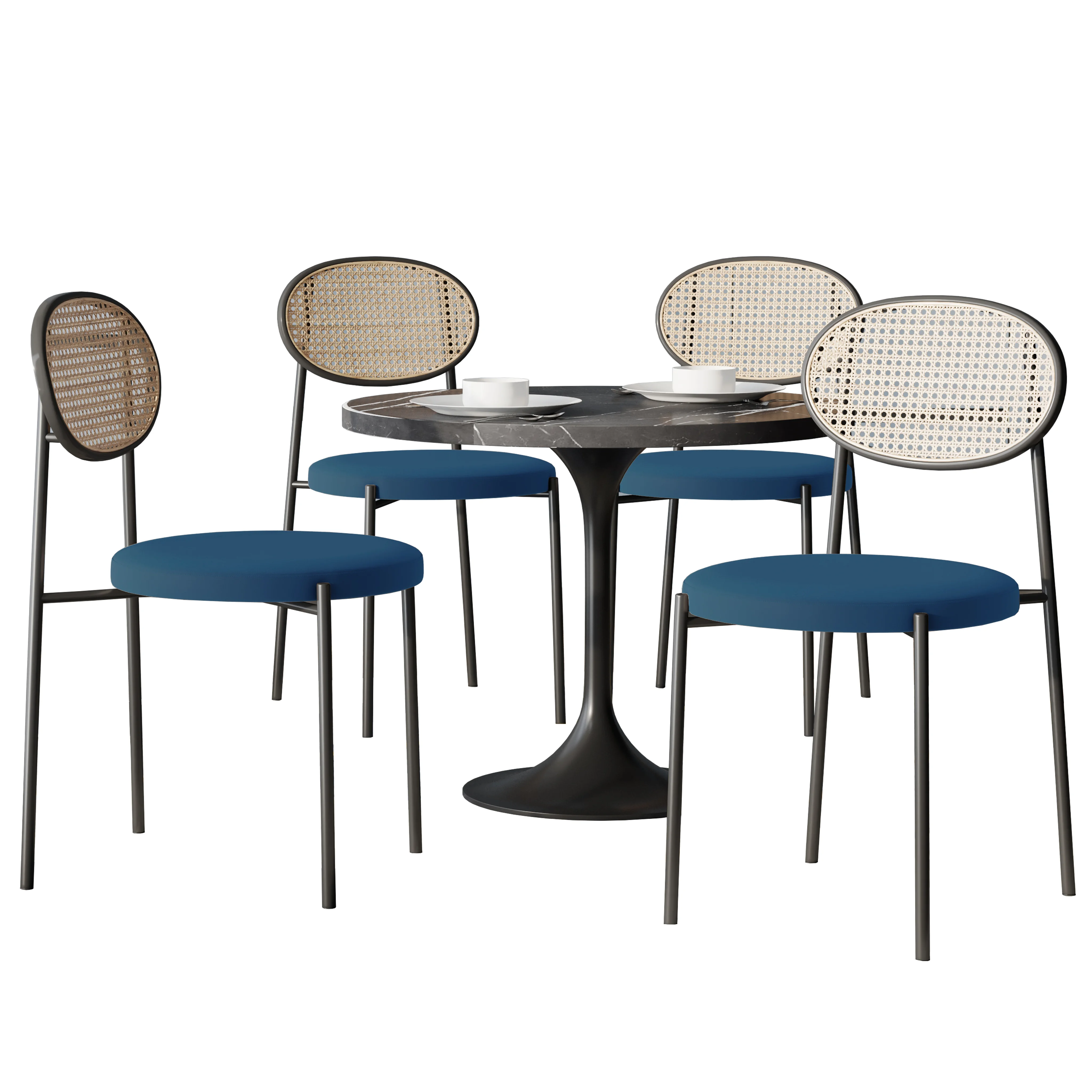 5-Piece Dining Set with 36" Round Dining Table Black Sintered Stone Top and Black Pedestal with 4 Velvet Dining Chairs in Black Steel Legs in Navy Blue