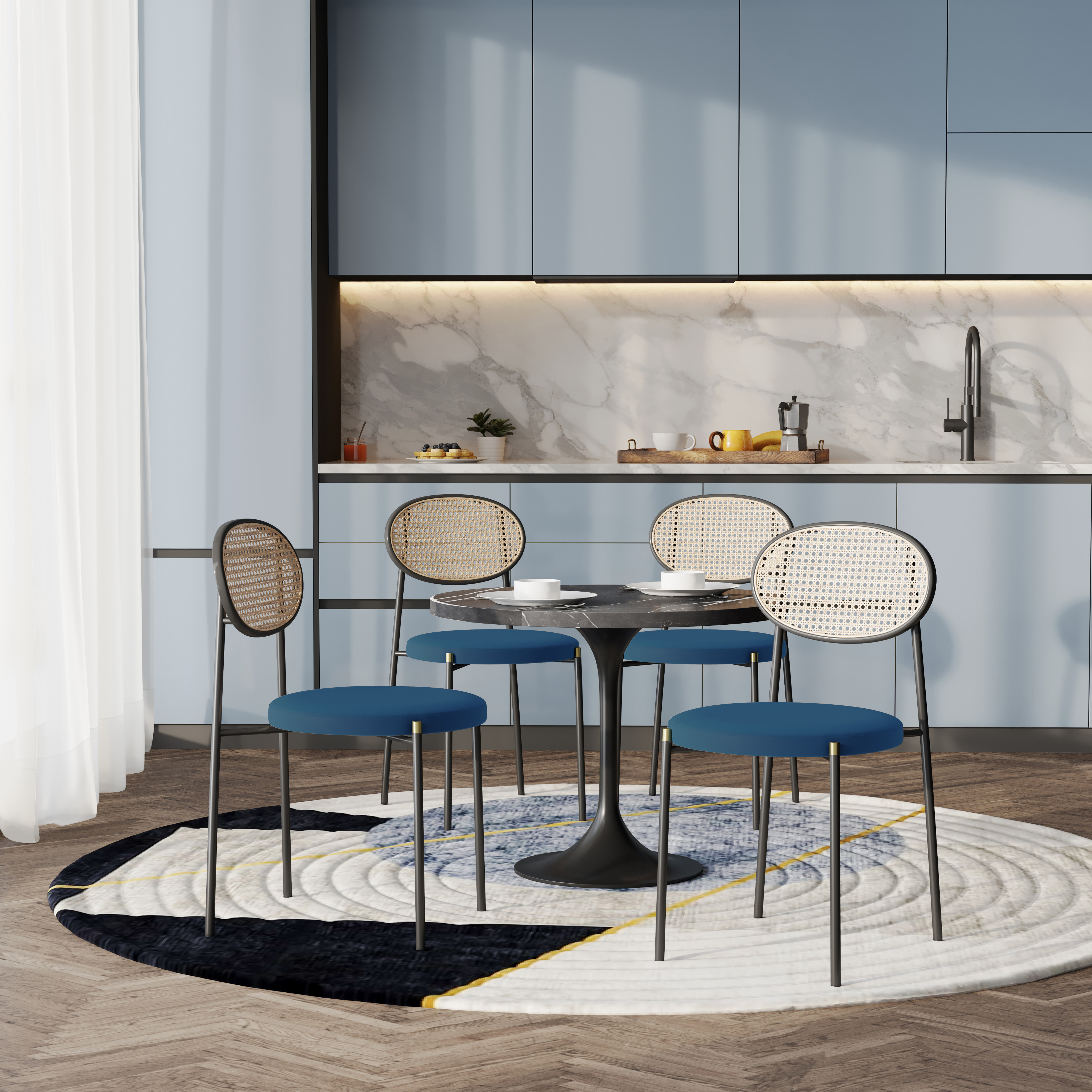 5-Piece Dining Set with 36" Round Dining Table Black Sintered Stone Top and Black Pedestal with 4 Velvet Dining Chairs in Black Steel Legs in Navy Blue