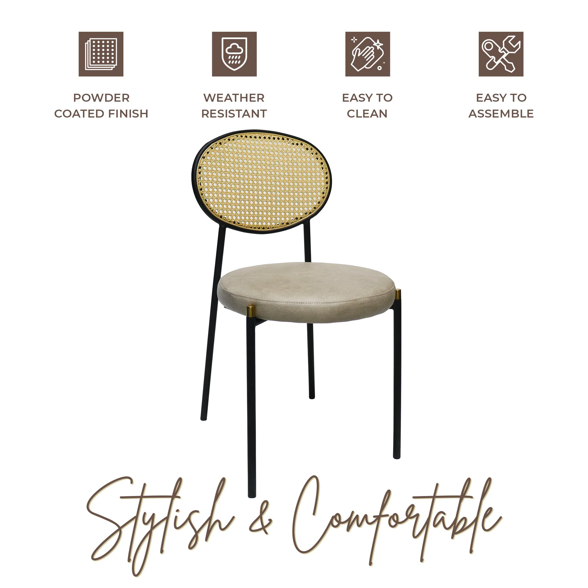 Euston Modern Wicker Dining Chair with Black Frame and Leather Seat in Taupe