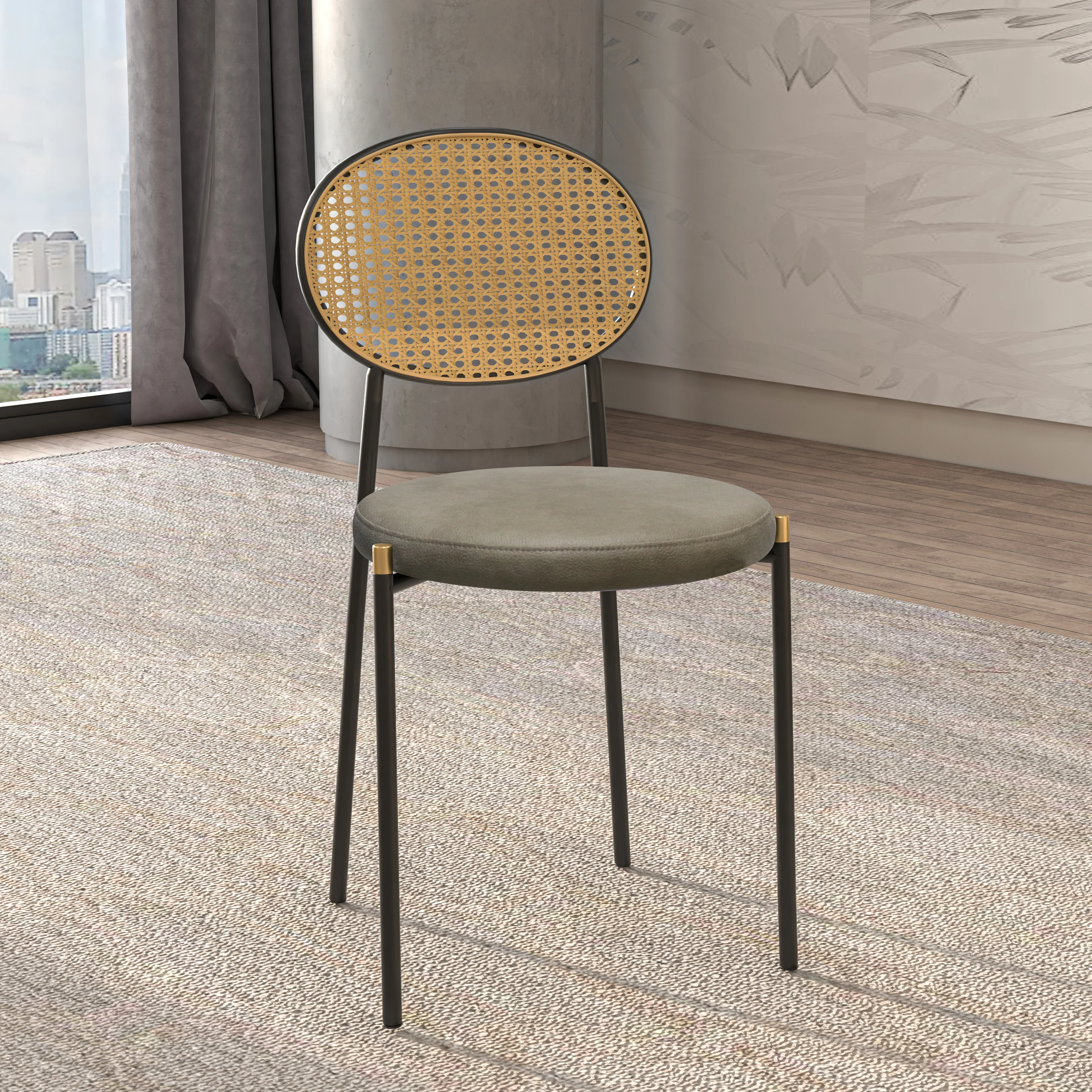 Euston Modern Wicker Dining Chair with Black Frame and Leather Seat in Taupe