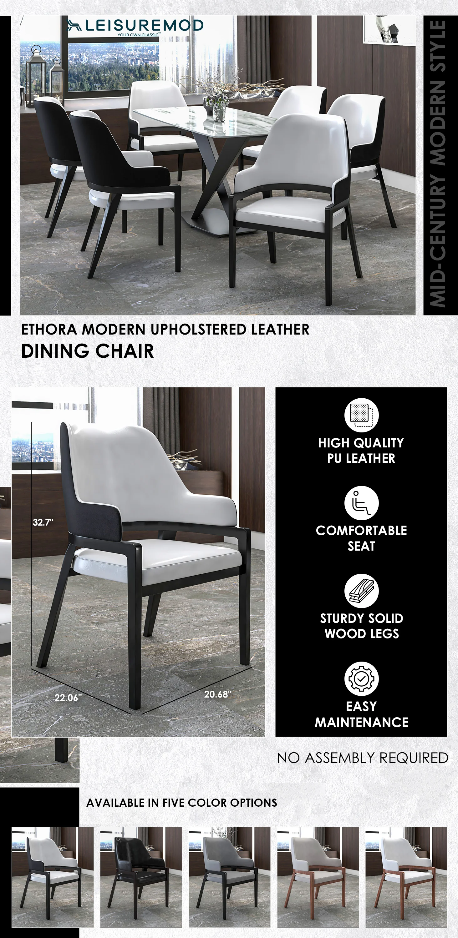 Ethora Collection Modern Wooden Dining Chair in Black Fabric Seat With white top