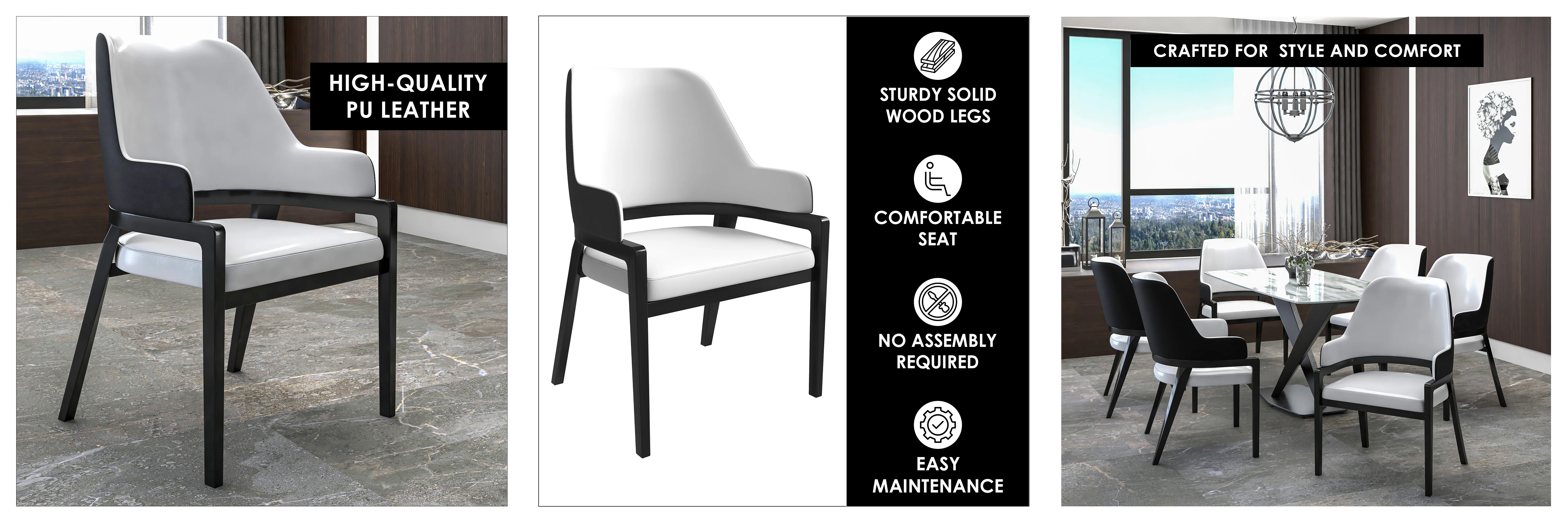 Ethora Collection Modern Wooden Dining Chair in Black Fabric Seat With white top