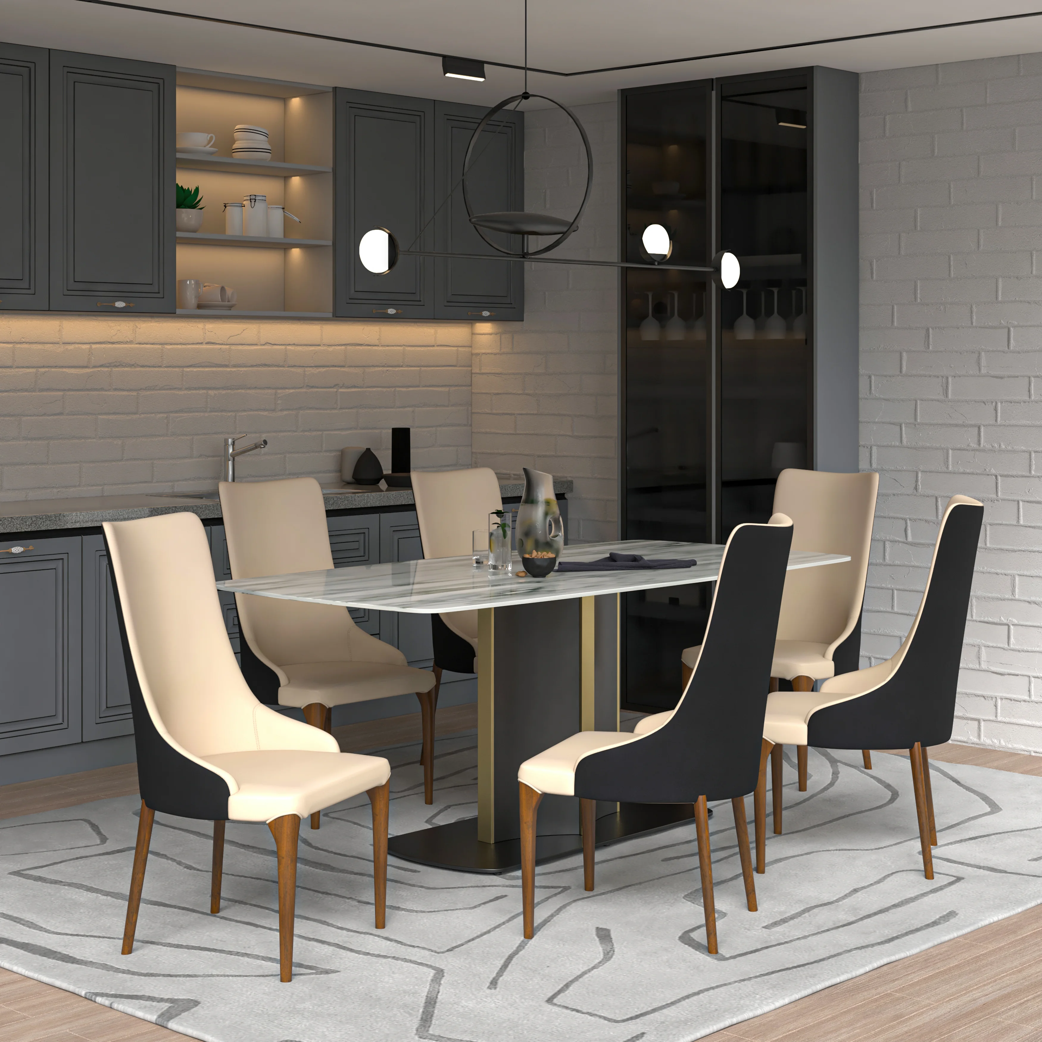 7-Piece Dining Set with Rectangular Sintered Stone Top Table and 6 Upholstered Dining Chairs with Ash Wood Base