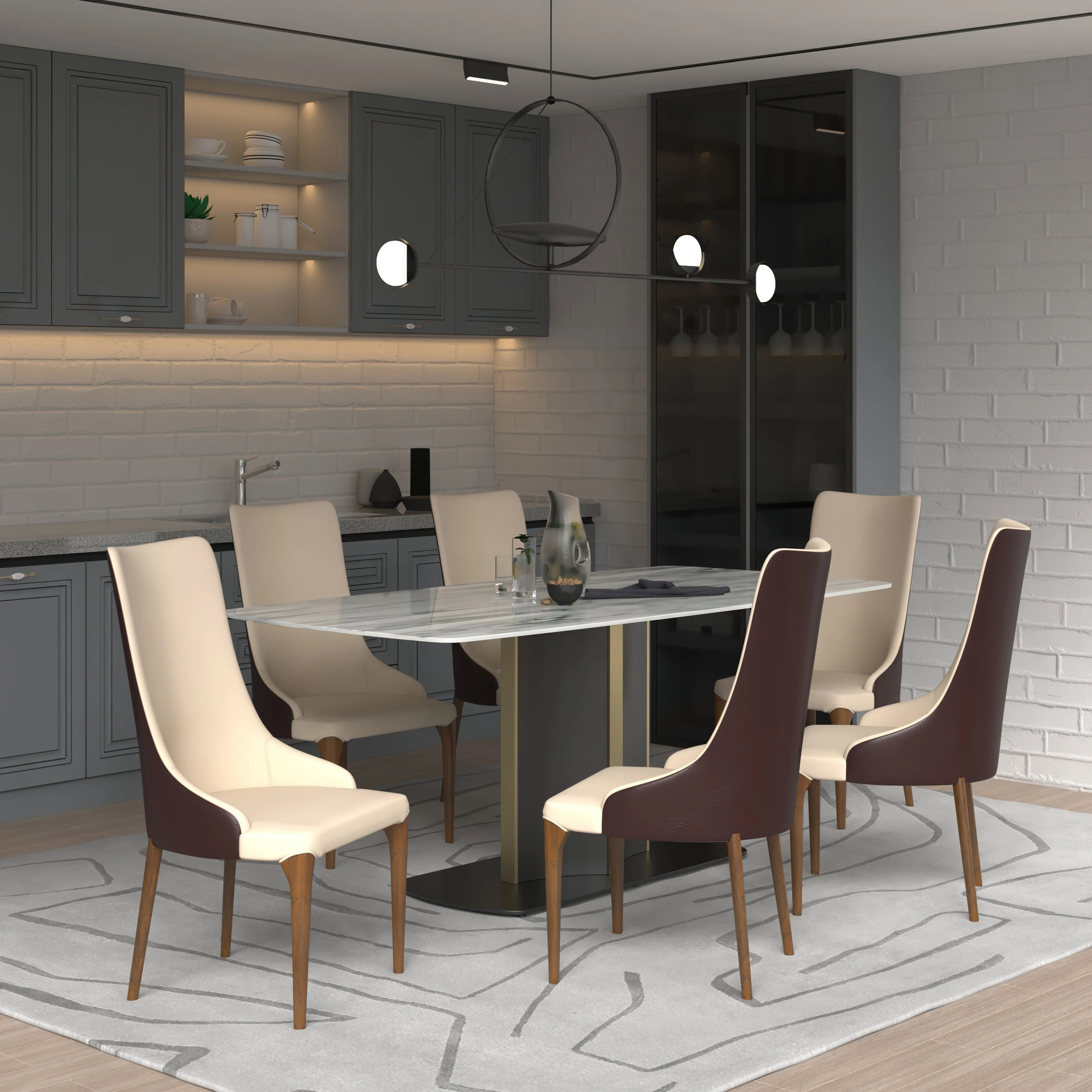 7-Piece Dining Set with Rectangular Sintered Stone Top Table and 6 Upholstered Dining Chairs with Ash Wood Base