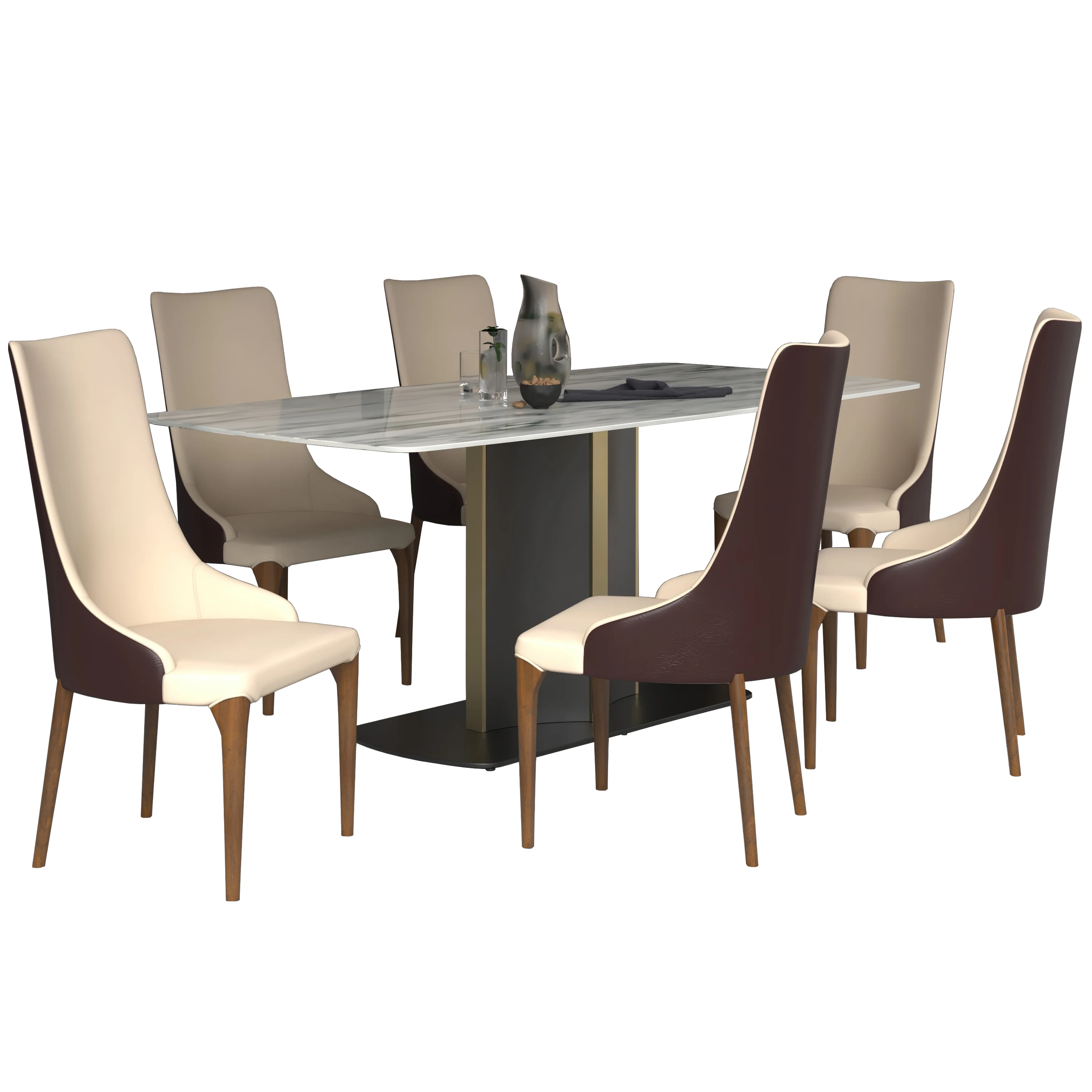 7-Piece Dining Set with Rectangular Sintered Stone Top Table and 6 Upholstered Dining Chairs with Ash Wood Base