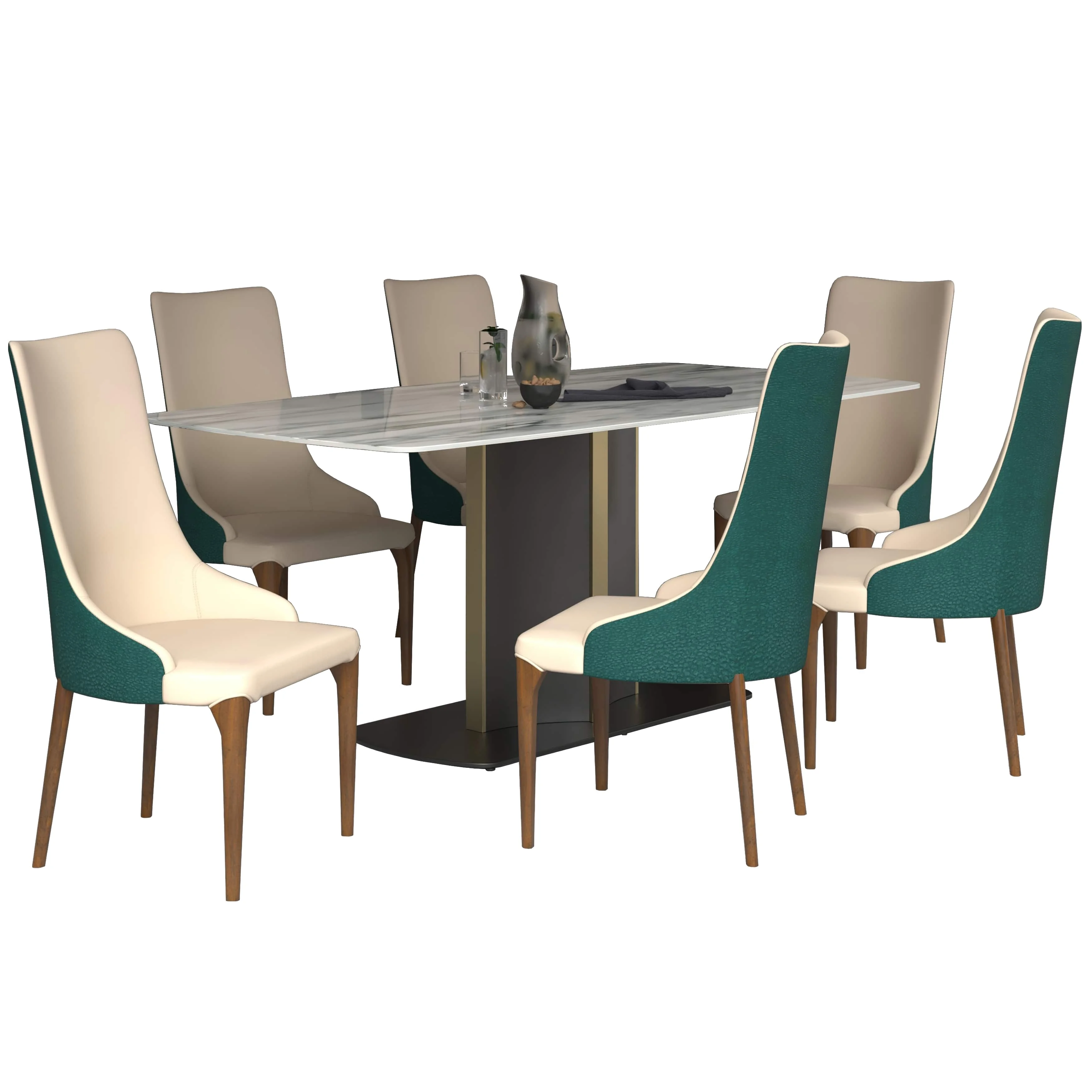 7-Piece Dining Set with Rectangular Sintered Stone Top Table and 6 Upholstered Dining Chairs with Ash Wood Base