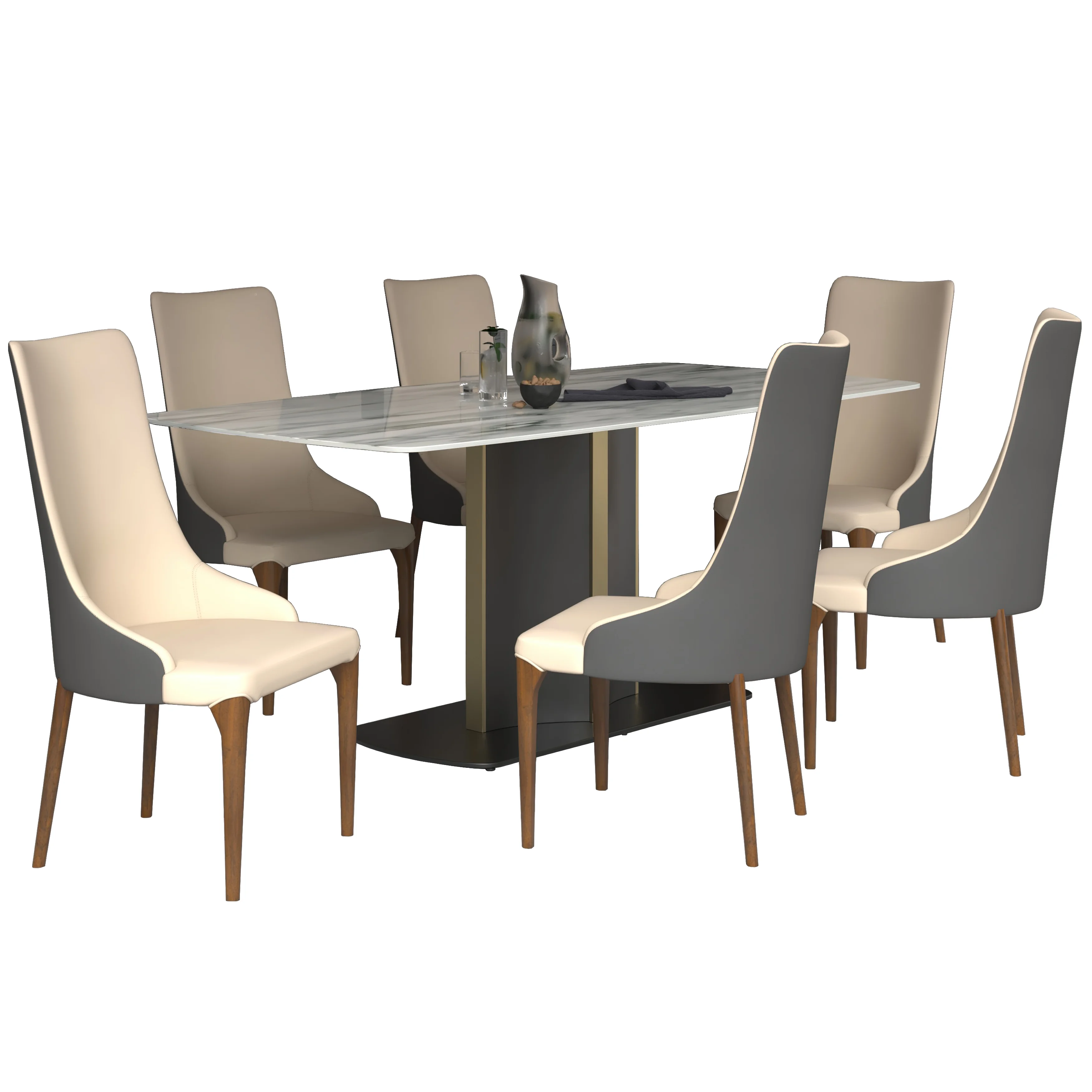 7-Piece Dining Set with Rectangular Sintered Stone Top Table and 6 Upholstered Dining Chairs with Ash Wood Base