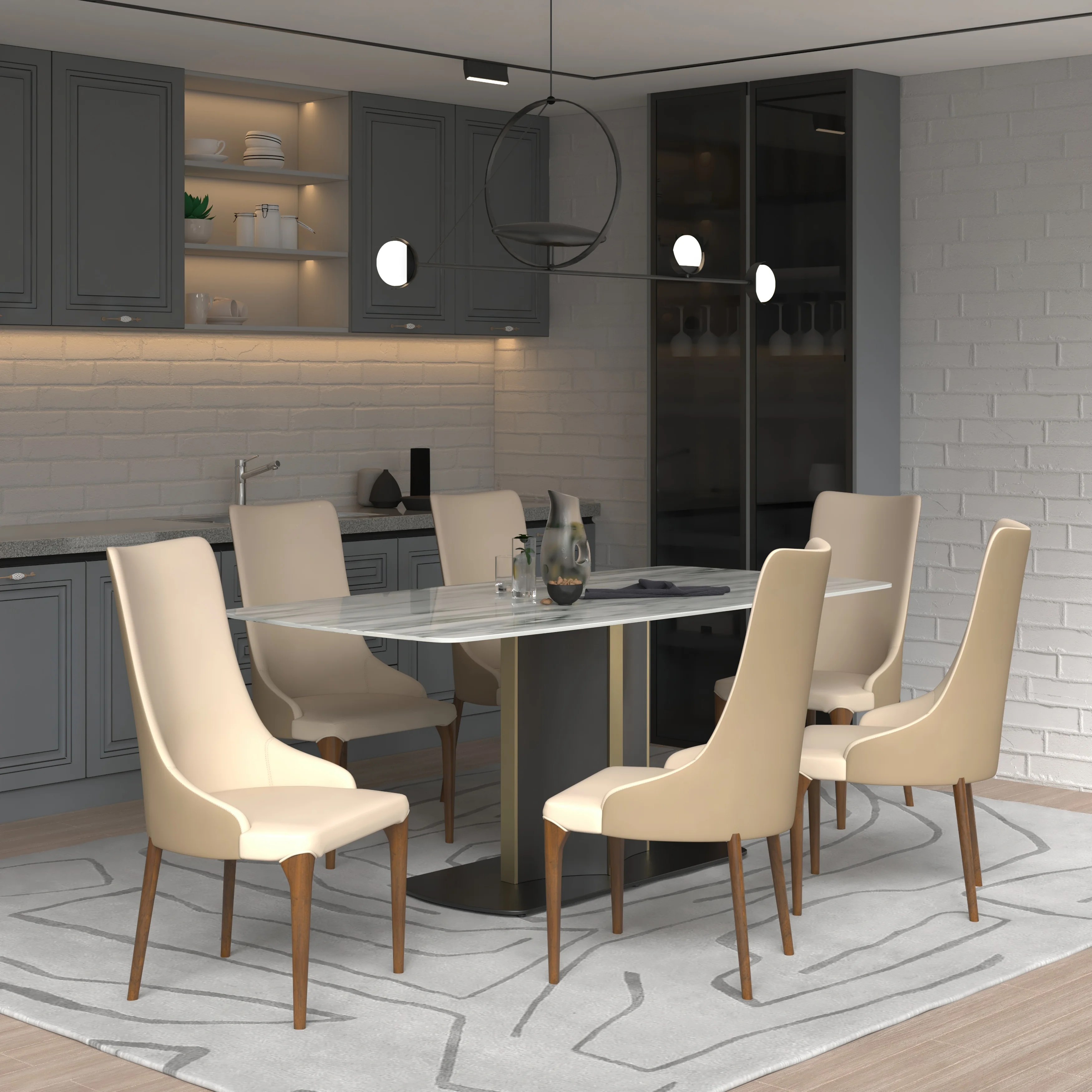 7-Piece Dining Set with Rectangular Sintered Stone Top Table and 6 Upholstered Dining Chairs with Ash Wood Base