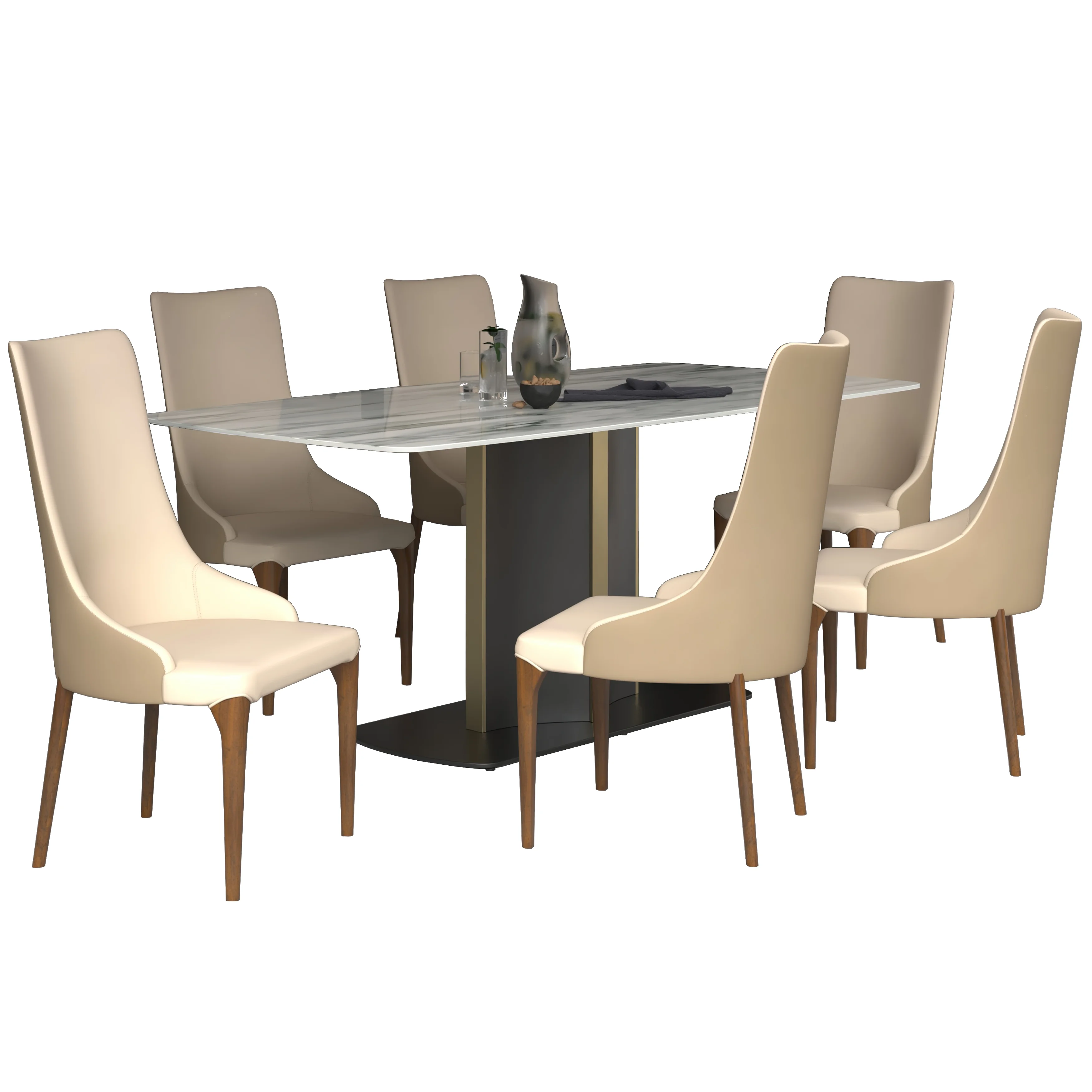 7-Piece Dining Set with Rectangular Sintered Stone Top Table and 6 Upholstered Dining Chairs with Ash Wood Base