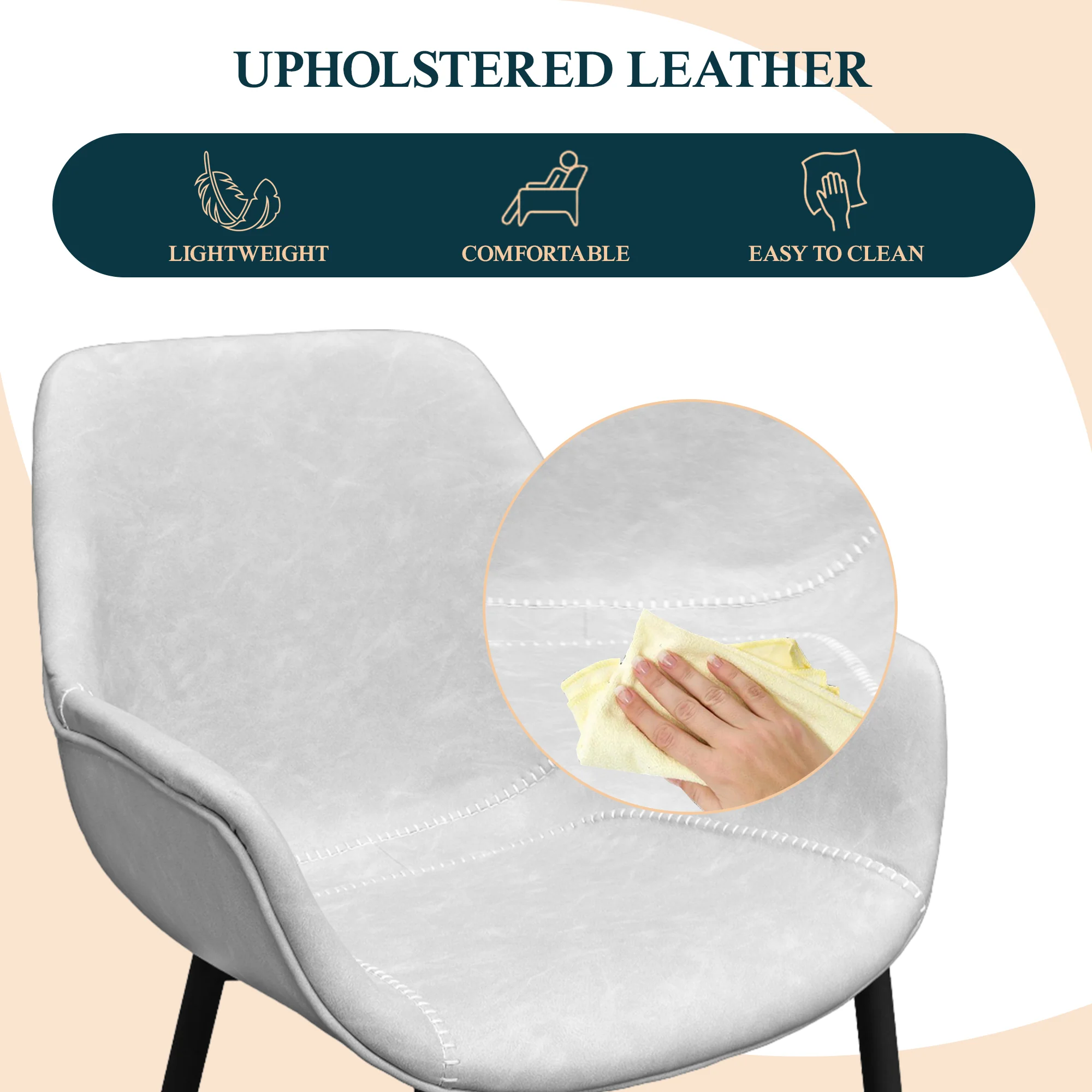 Markley Modern Leather Dining Arm Chair With Metal Legs Set of 2, Light Grey