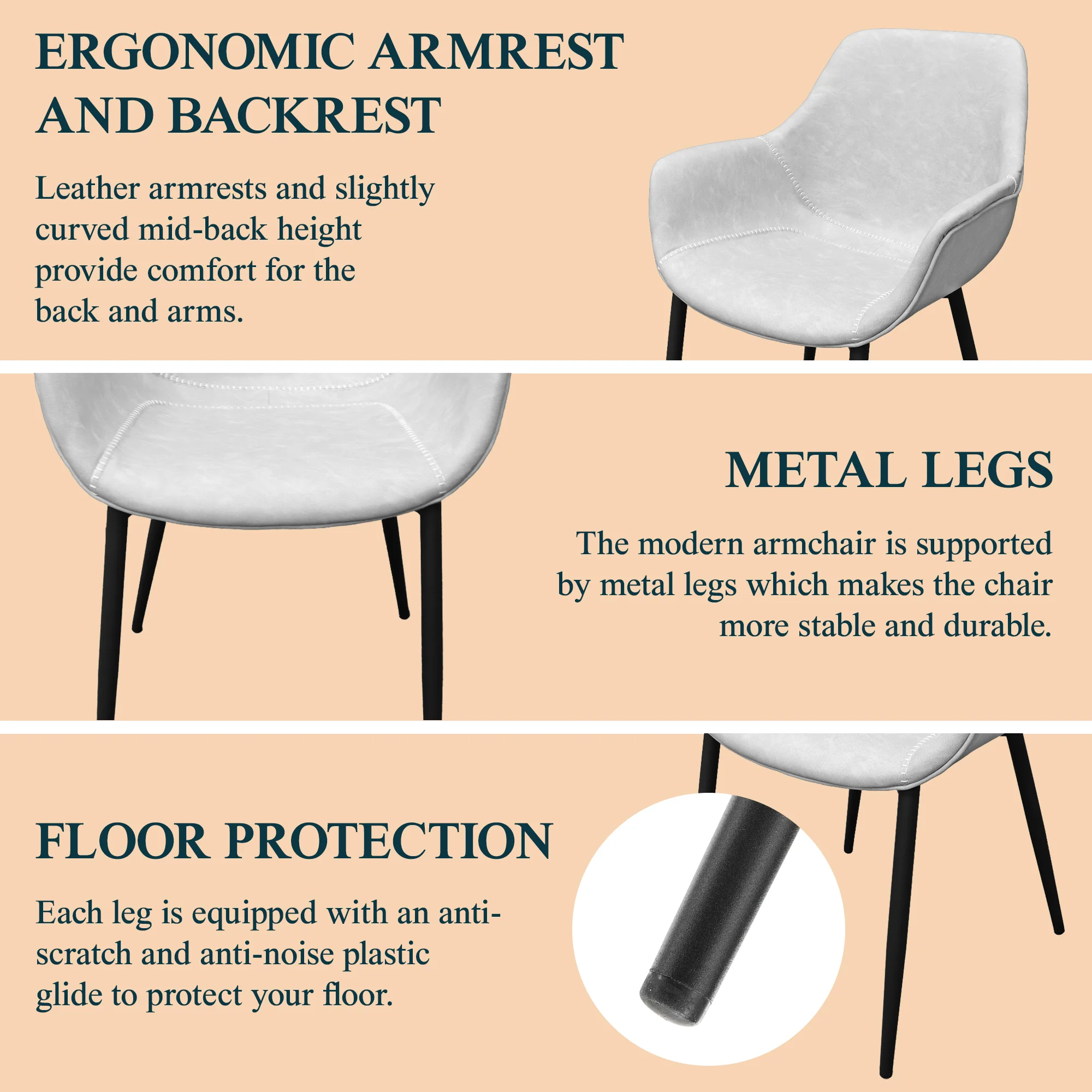 Markley Modern Leather Dining Arm Chair With Metal Legs Set of 2, Light Grey