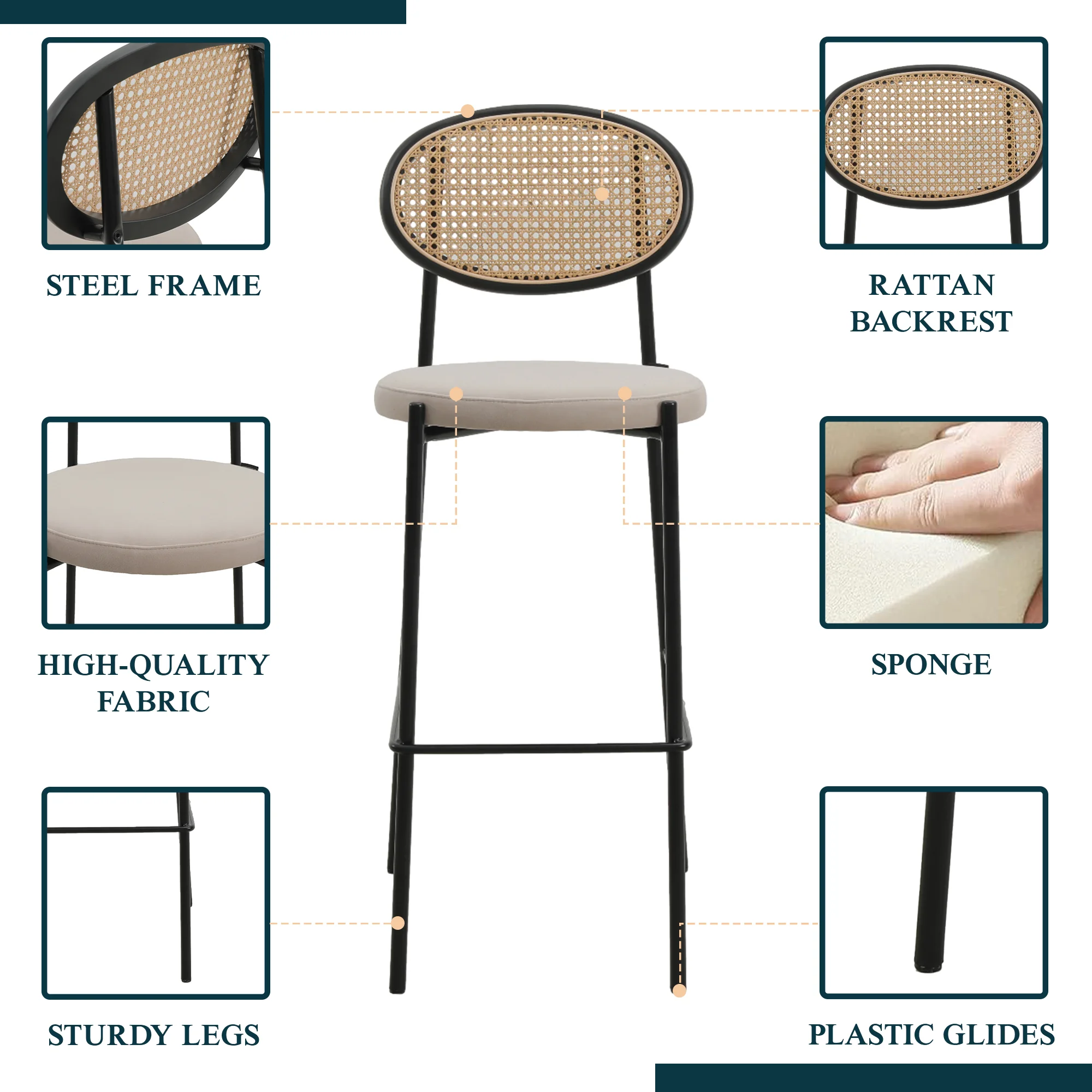 Euston Modern Wicker Bar Stool With Black Steel Frame in Beige