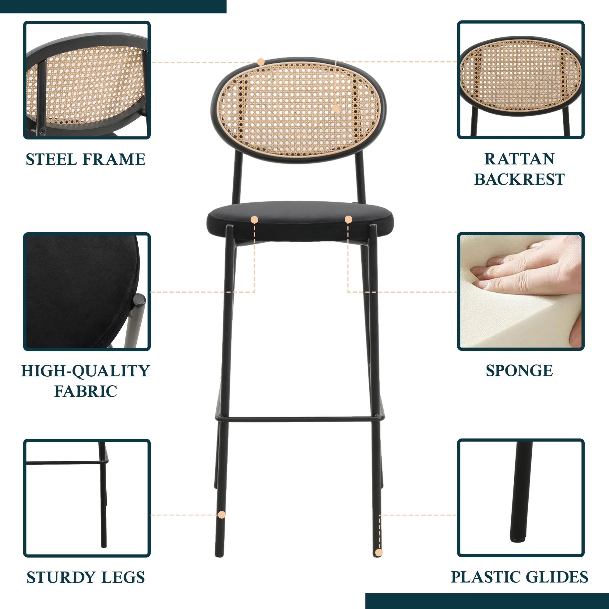 Euston Modern Wicker Bar Stool With Black Steel Frame in Black