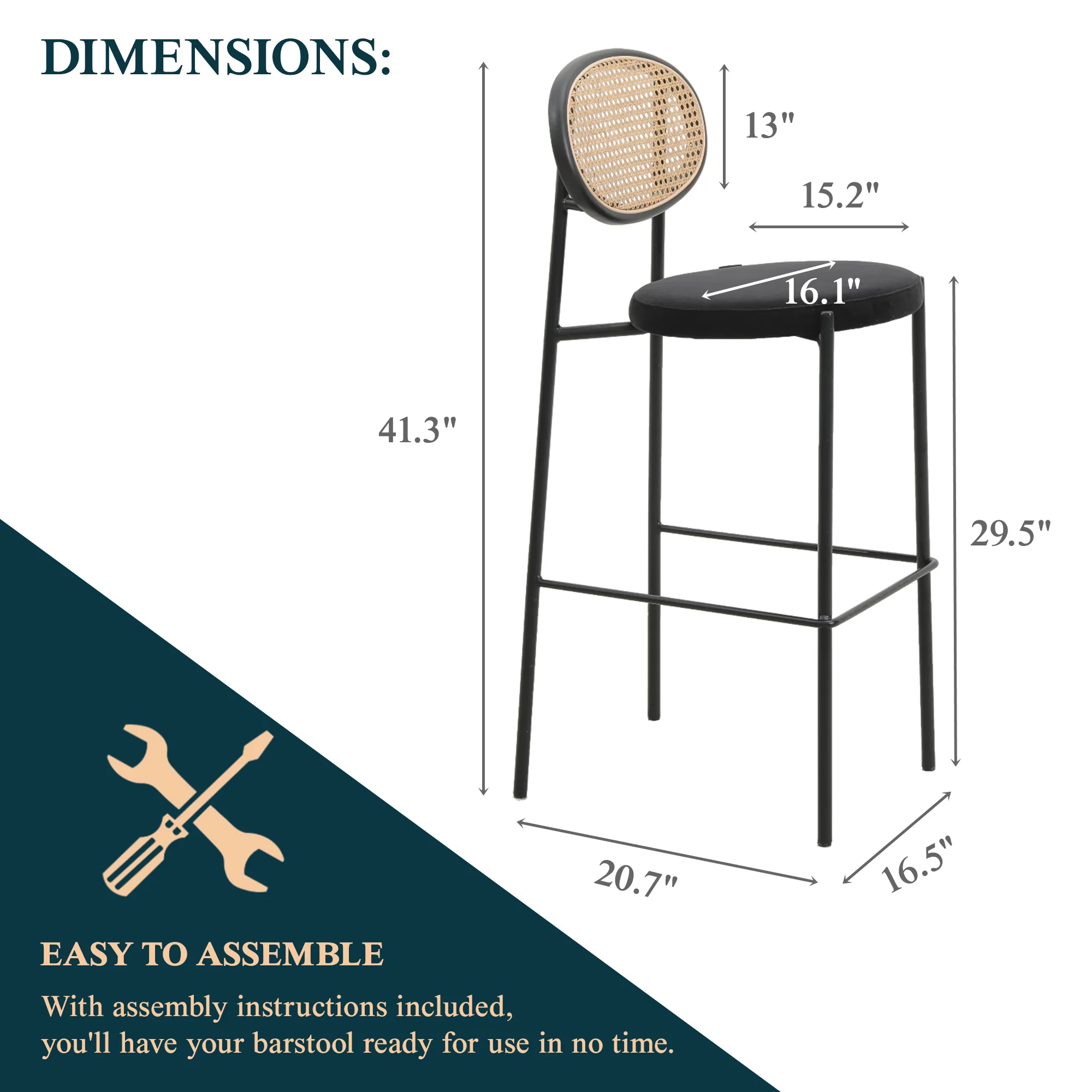 Euston Modern Wicker Bar Stool With Black Steel Frame, Set of 2 in Black