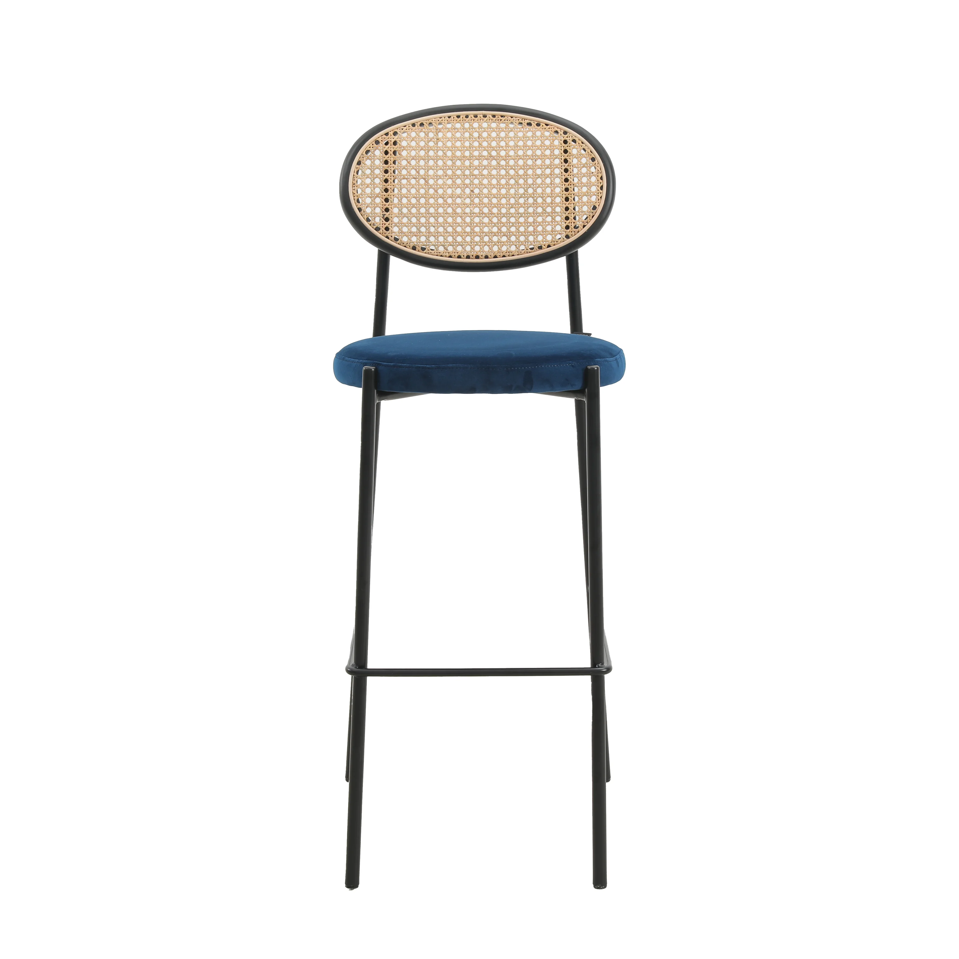 Euston Modern Wicker Bar Stool With Black Steel Frame, Set of 2 in Navy Blue