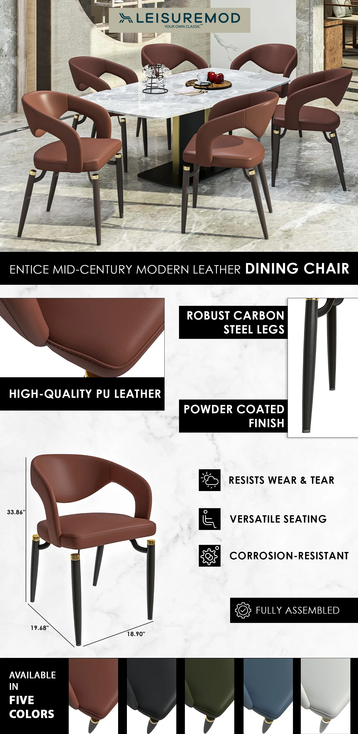 Entice Collection Modern Dining Chair Set of 2 in Brown
