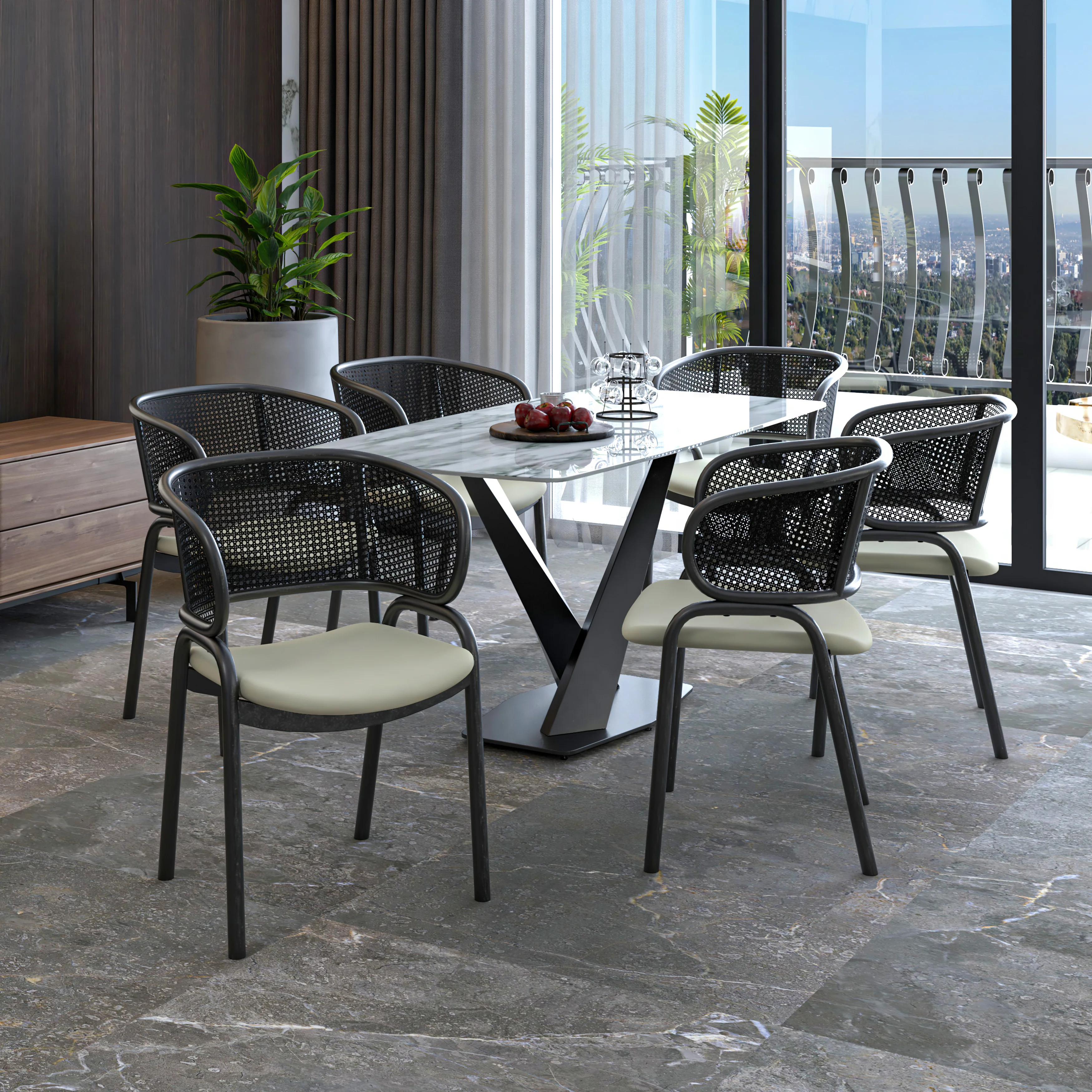 Ervilla Dining Armchair in Black Steel Frame with Black Wicker Back and Beige Seat