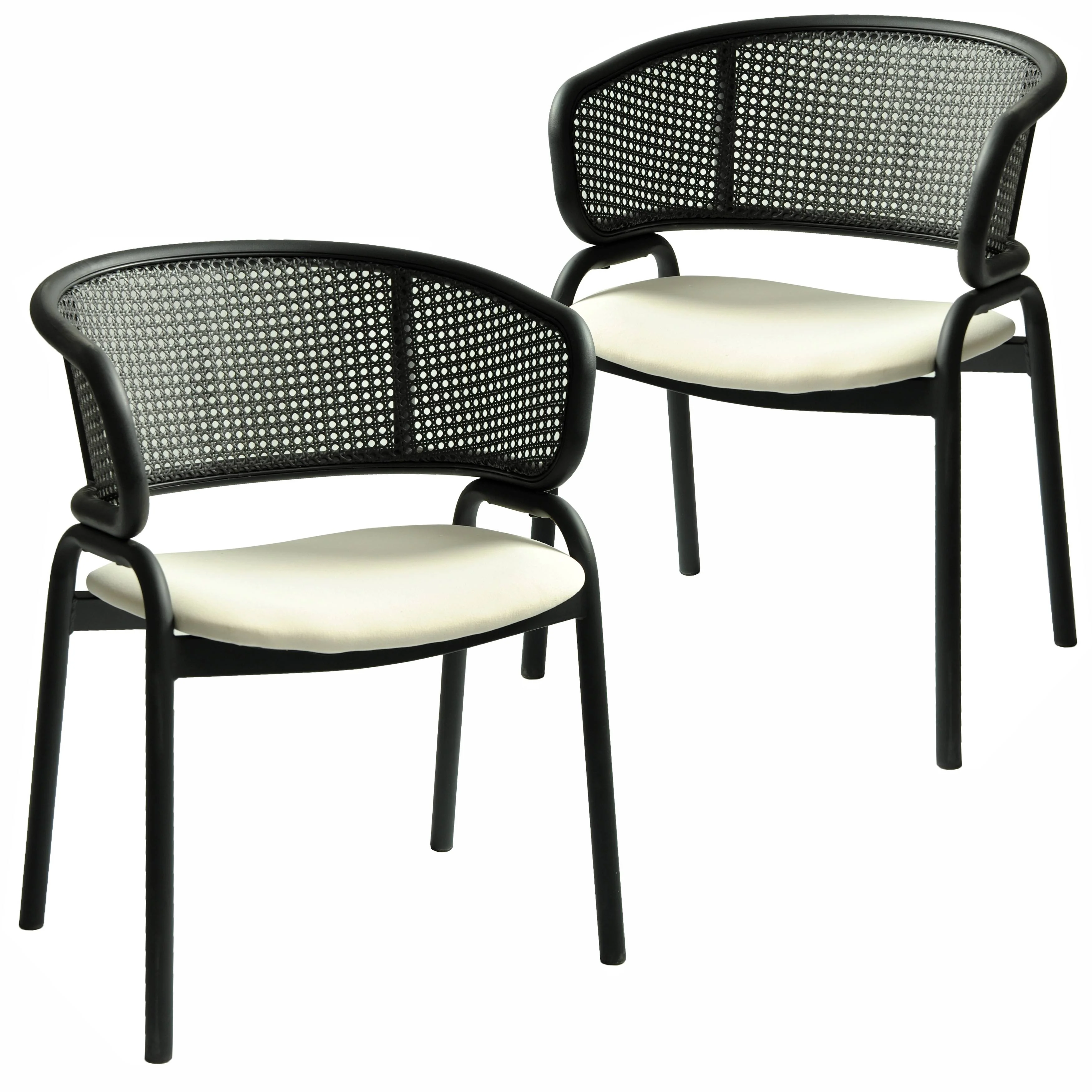 Ervilla Dining Armchair in Black Steel Frame with Black Wicker Back and Beige Seat Set of 2