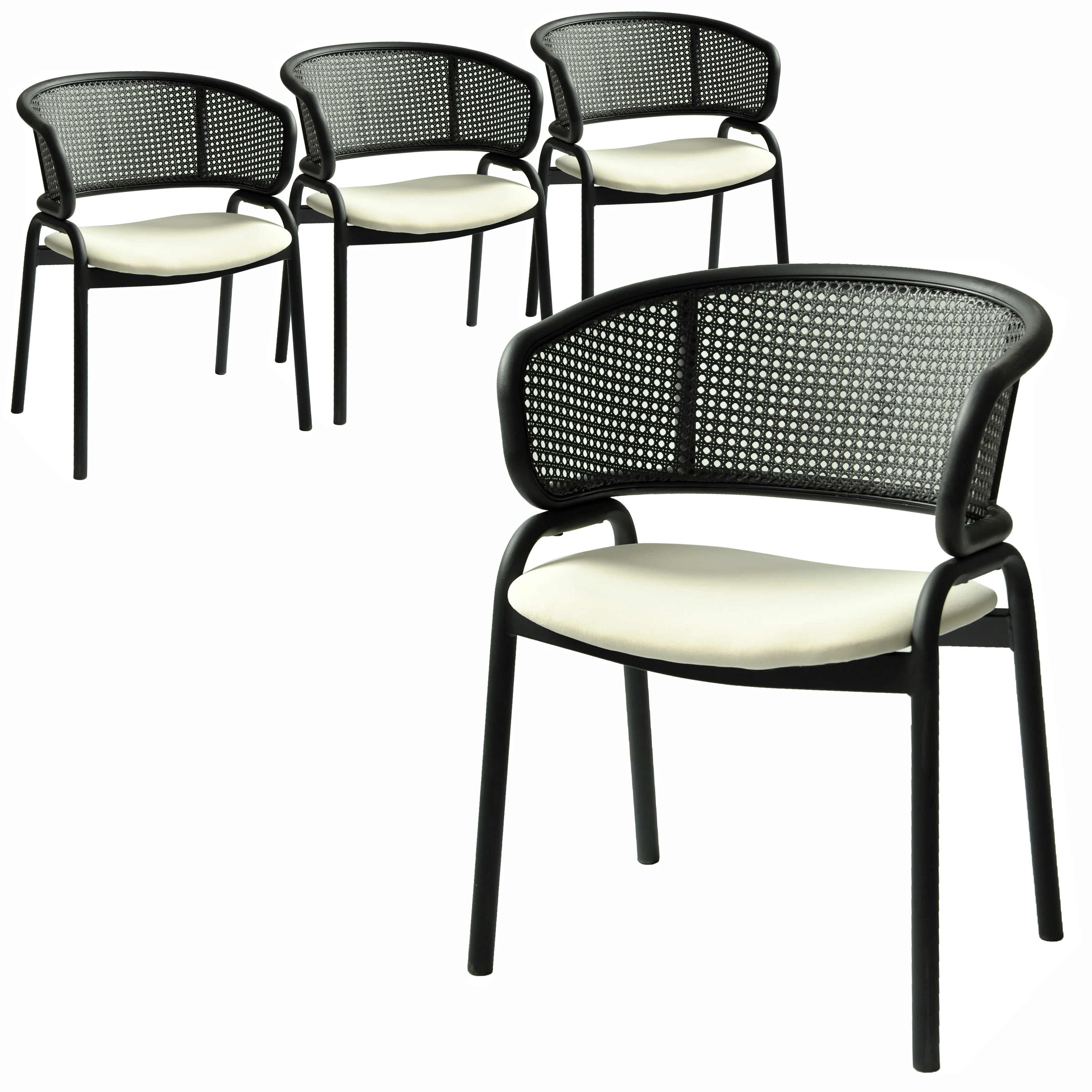 Ervilla Dining Armchair in Black Steel Frame with Black Wicker Back and Beige Seat Set of 4