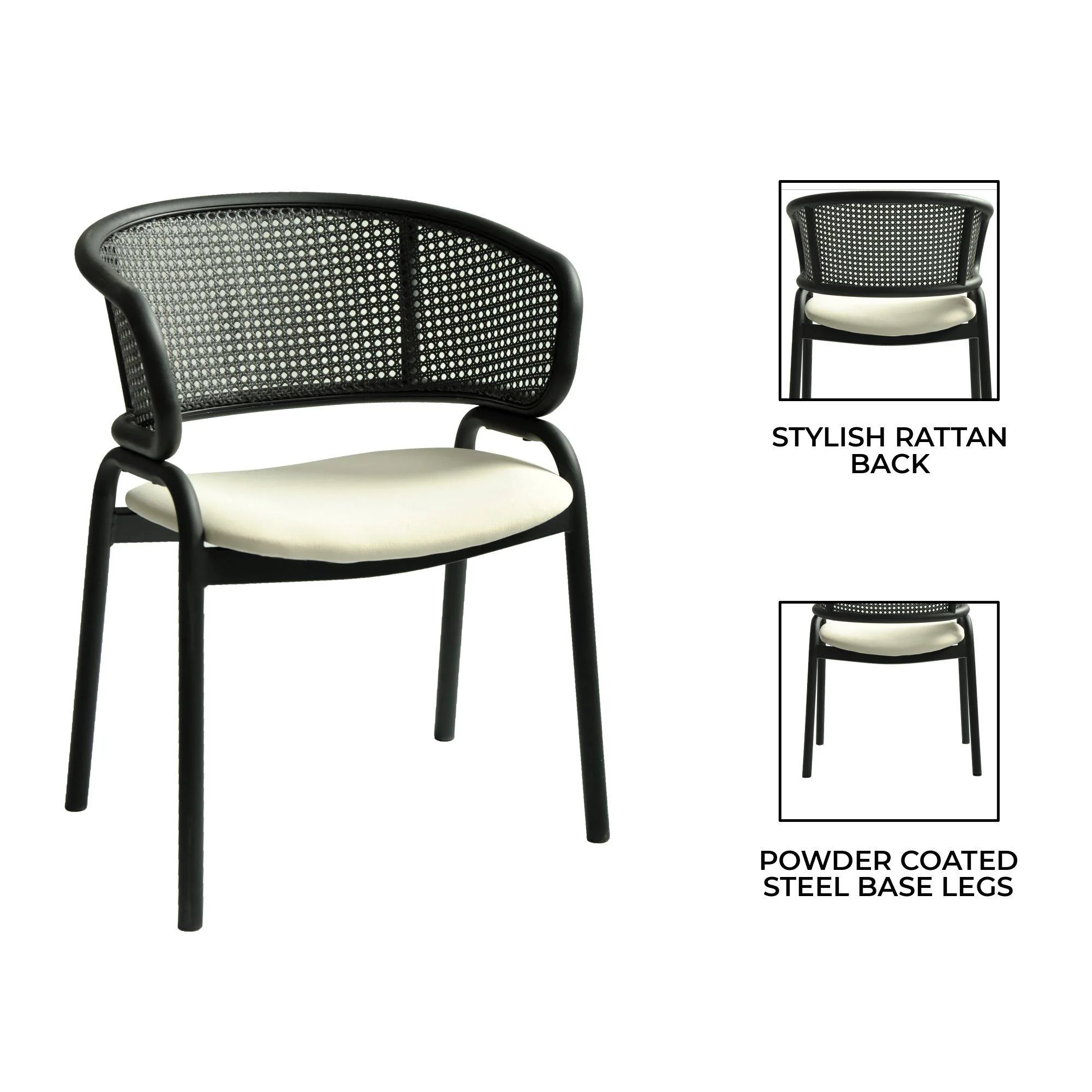 Ervilla Dining Armchair in Black Steel Frame with Black Wicker Back and Beige Seat Set of 4