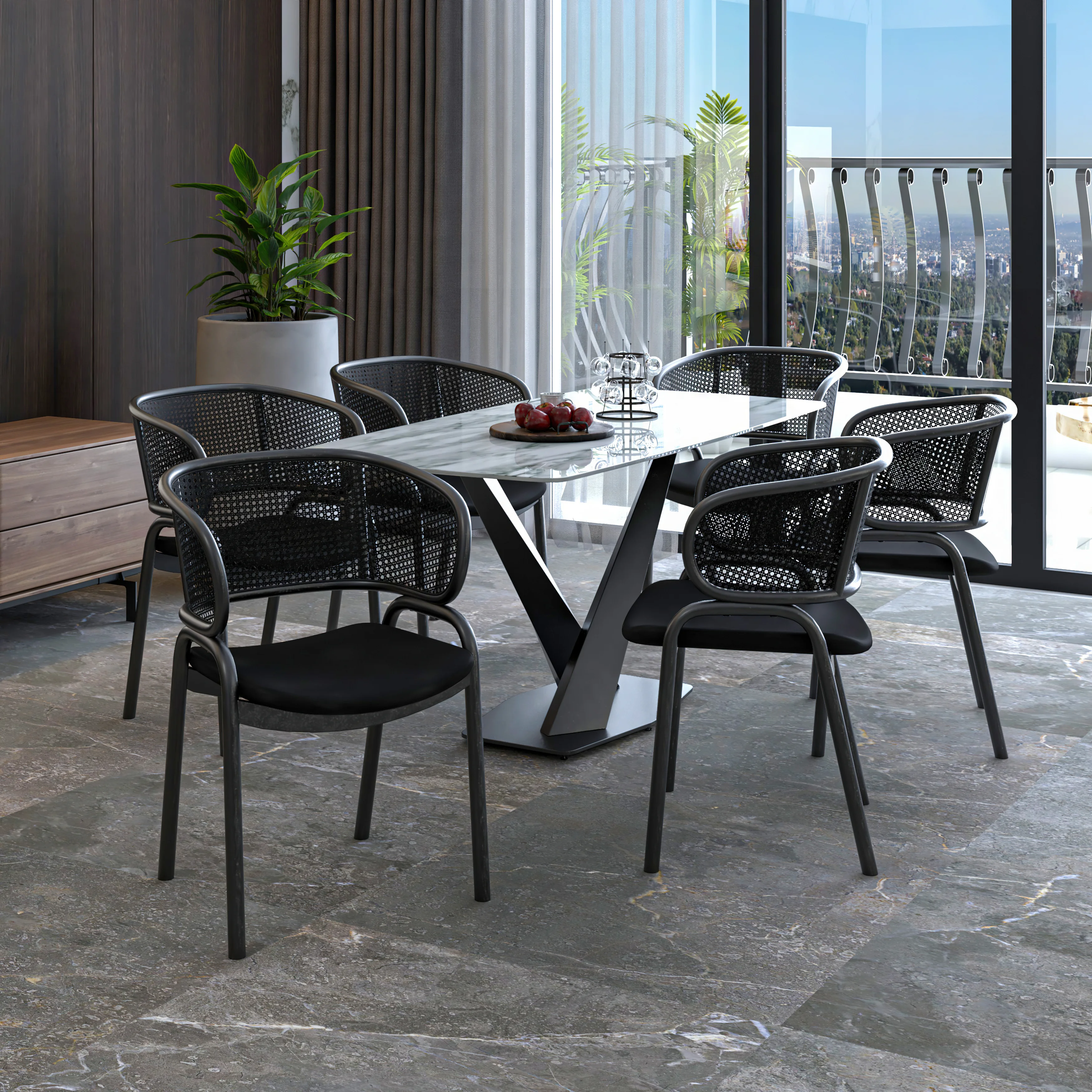 Ervilla Dining Armchair in Black Steel Frame with Black Wicker Back and Black Seat