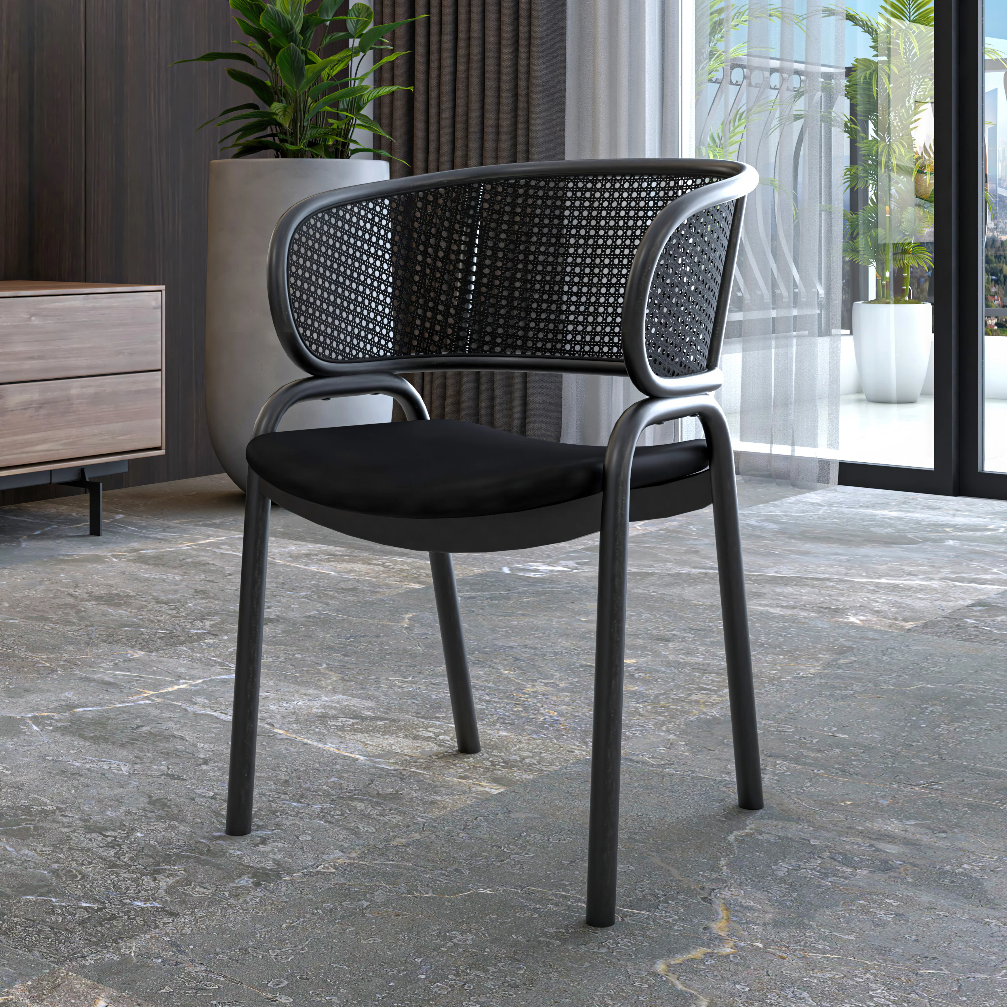 Ervilla Dining Armchair in Black Steel Frame with Black Wicker Back and Black Seat
