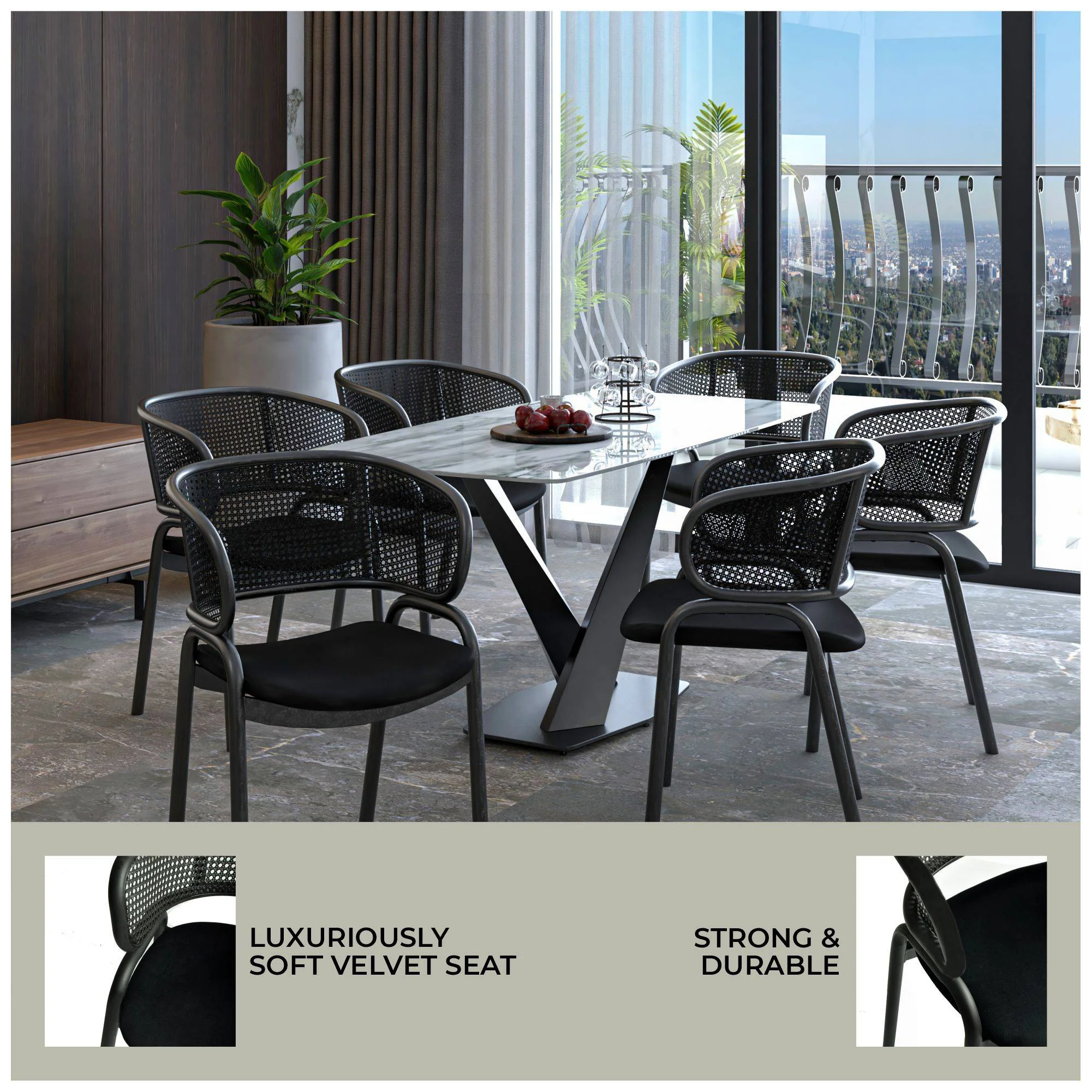 Ervilla Dining Armchair in Black Steel Frame with Black Wicker Back and Black Seat Set of 2