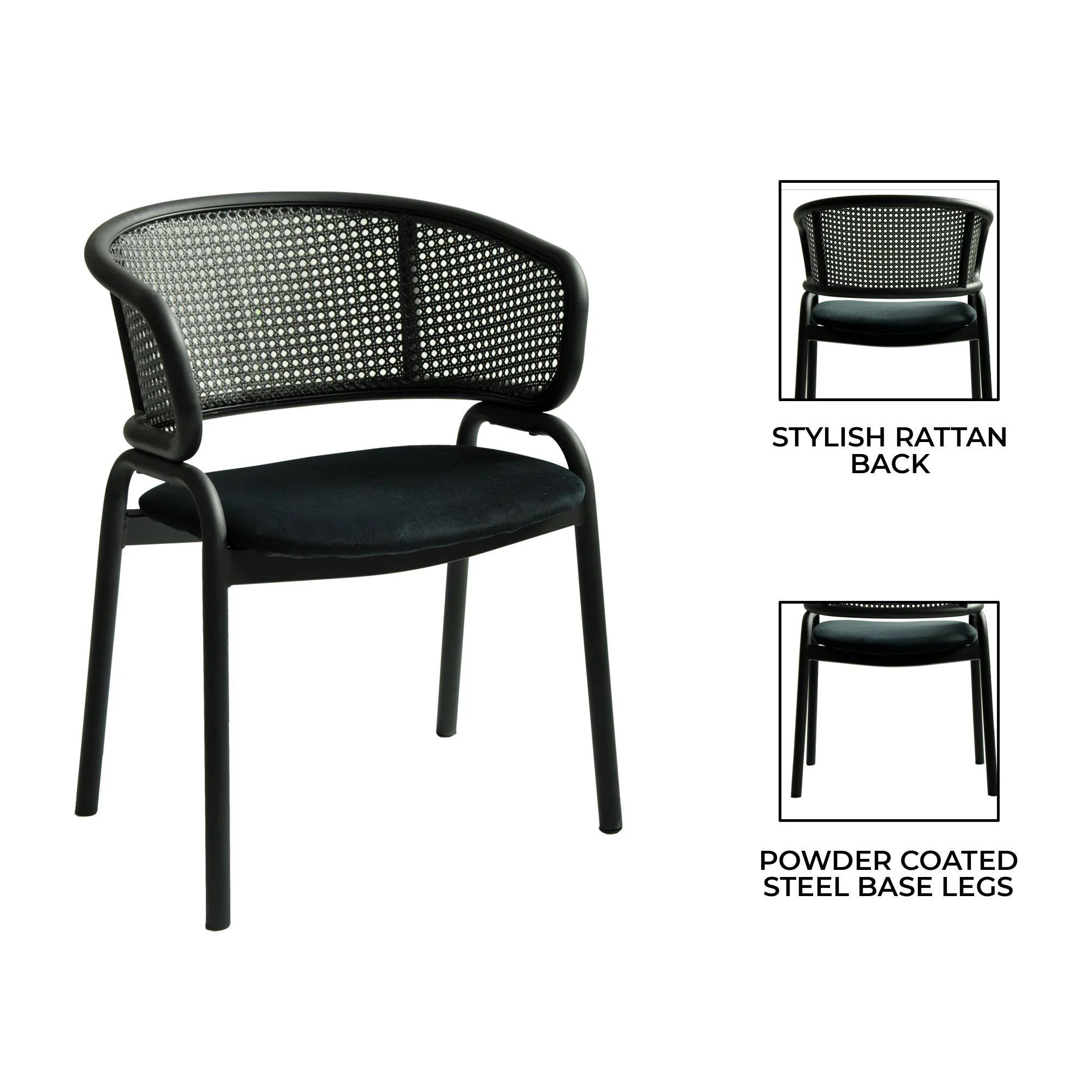 Ervilla Dining Armchair in Black Steel Frame with Black Wicker Back and Black Seat Set of 4