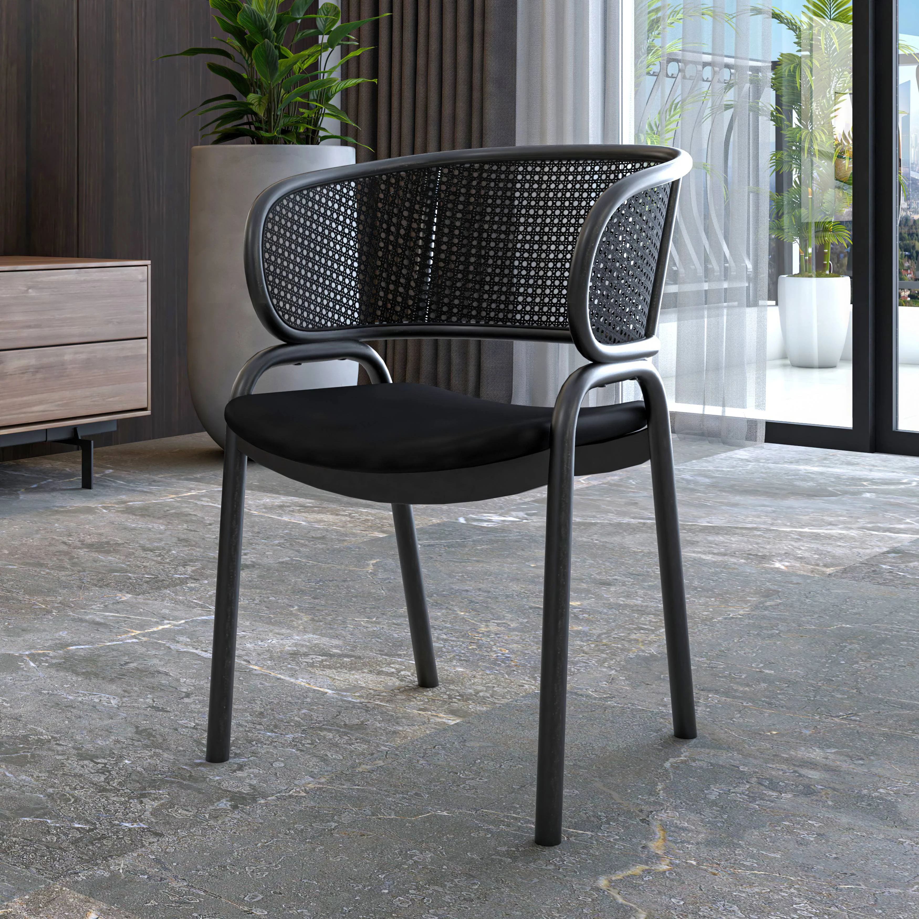 Ervilla Dining Armchair in Black Steel Frame with Black Wicker Back and Black Seat Set of 4