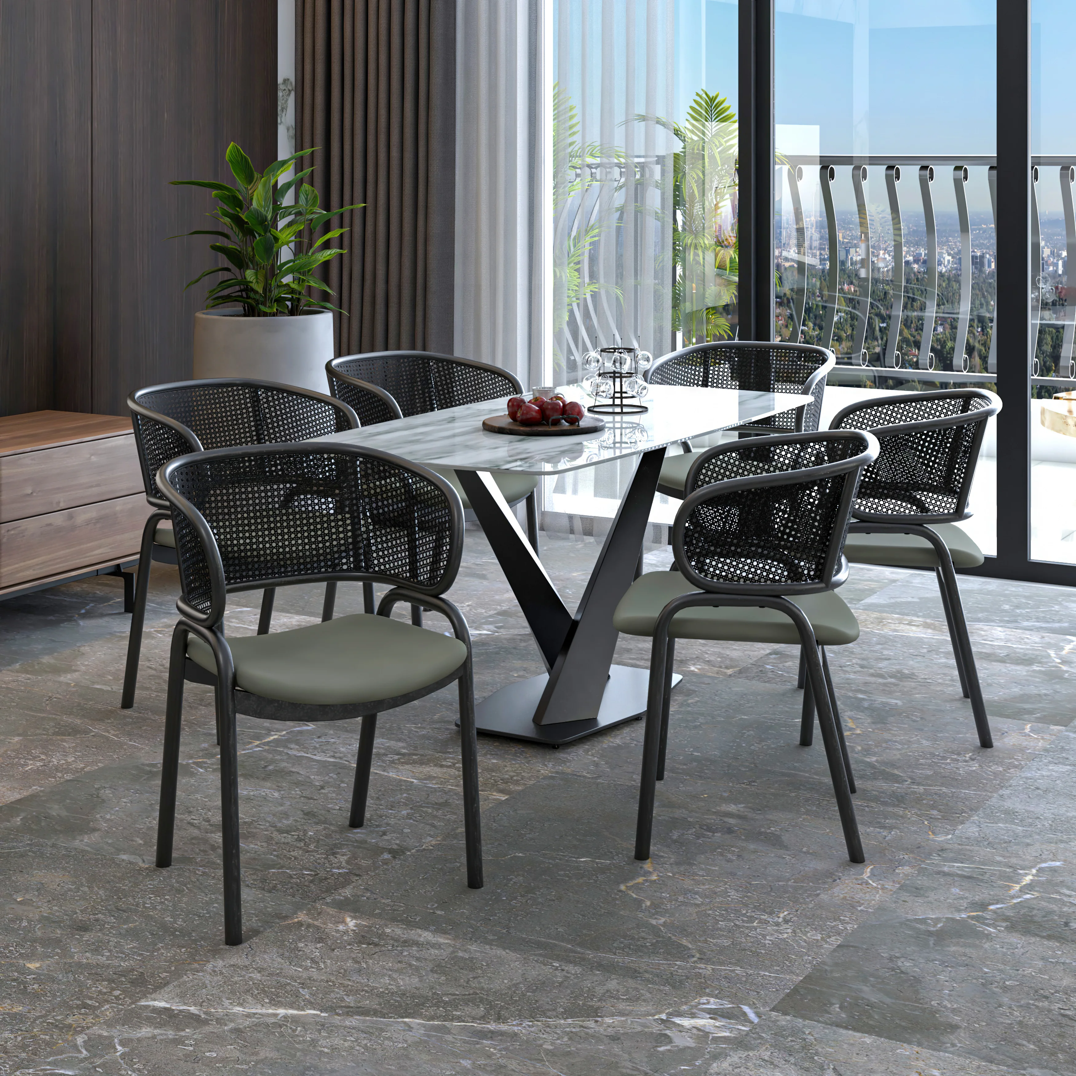 Ervilla Dining Armchair in Black Steel Frame with Black Wicker Back and Grey Seat