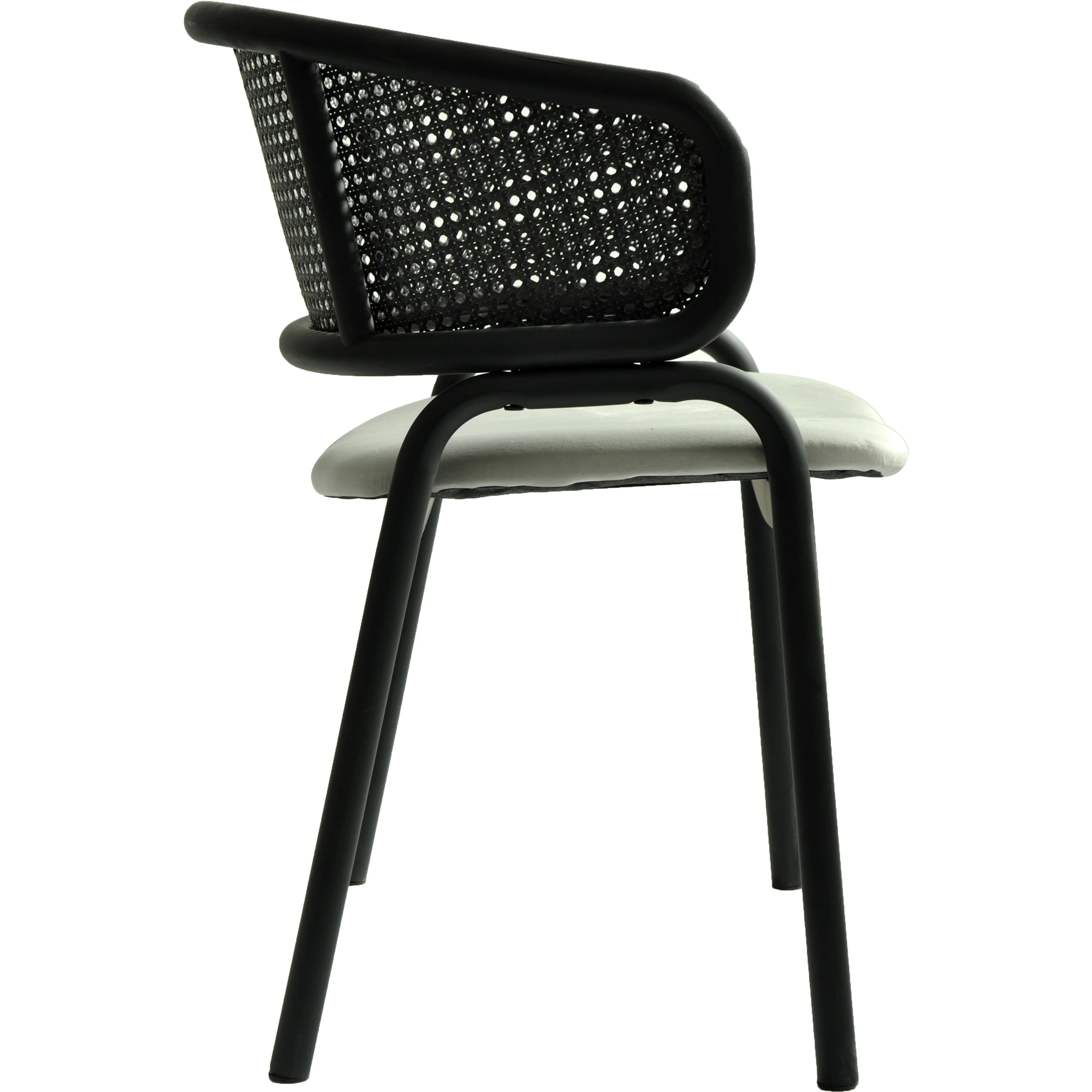 Ervilla Dining Armchair in Black Steel Frame with Black Wicker Back and Grey Seat